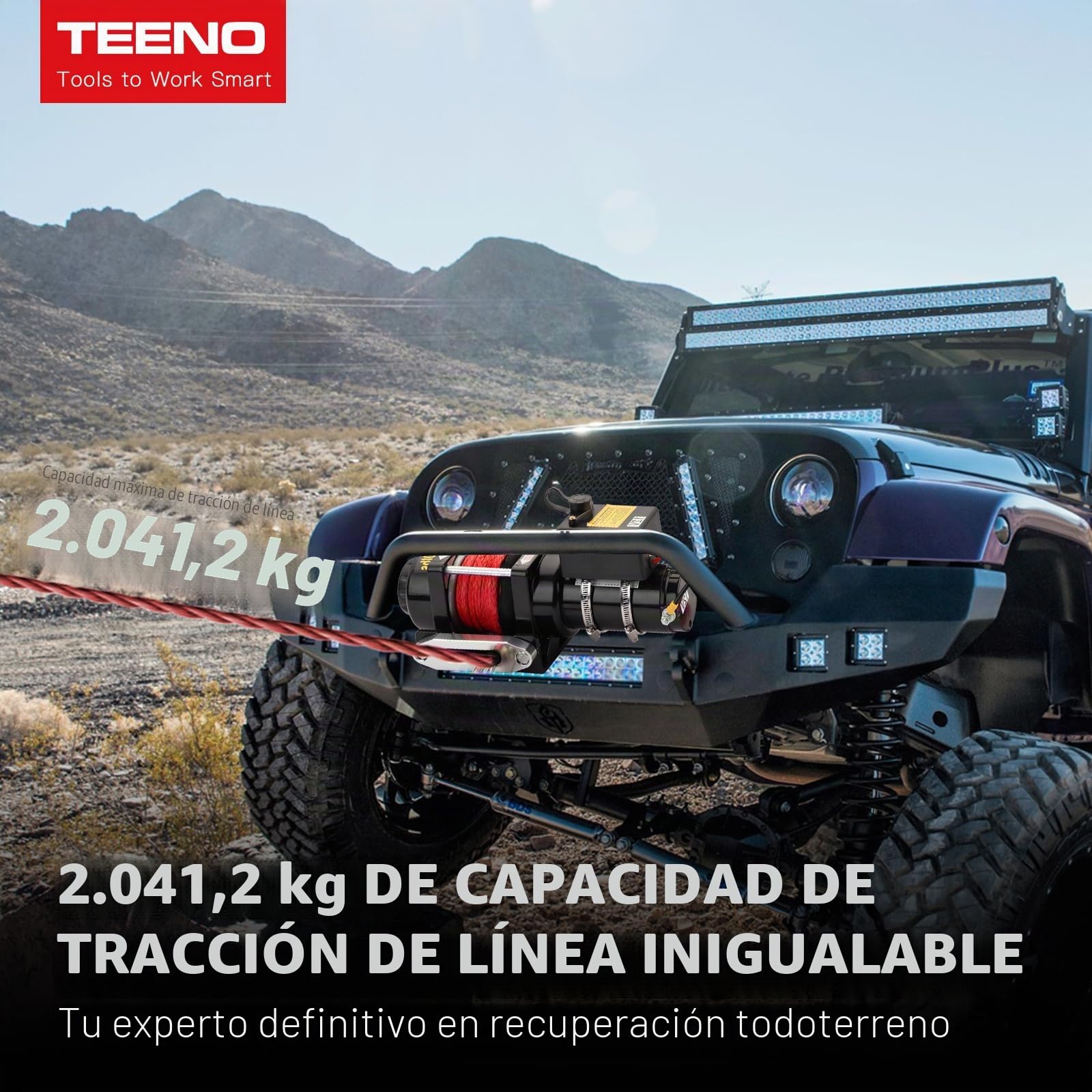 TEENO Cabrestante Eléctrico 12V 4 500 LBS / 2041 Kg, Cuerda Sintética 5.5 mm x 10 m, Control Remoto Inalámbrico Cabrestante de Cuerda de Nylon con Controlador por Cable