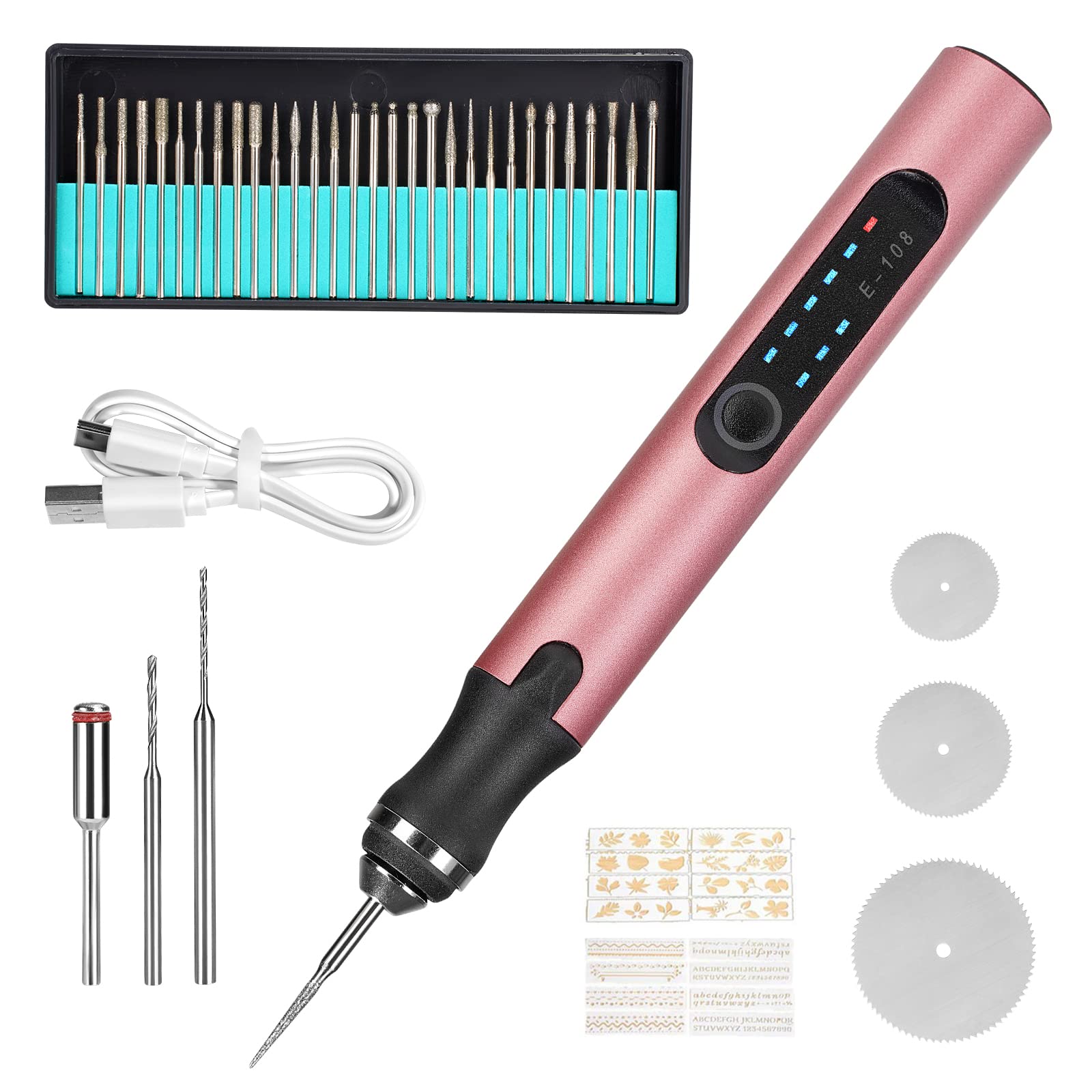 彫刻ペン 電動 コードレス ミニ研削ペン ポータブル 18000RPM高速回転 3段変速 USB充電式 軽量 35ビット付き 電動彫刻ペンキット 静音作業 彫刻/穴あけ/研磨/切断/切削/つや出し/マニキュア/汚れ落とし 過負荷保護 軽作業 DIY ホビー(rose gold)