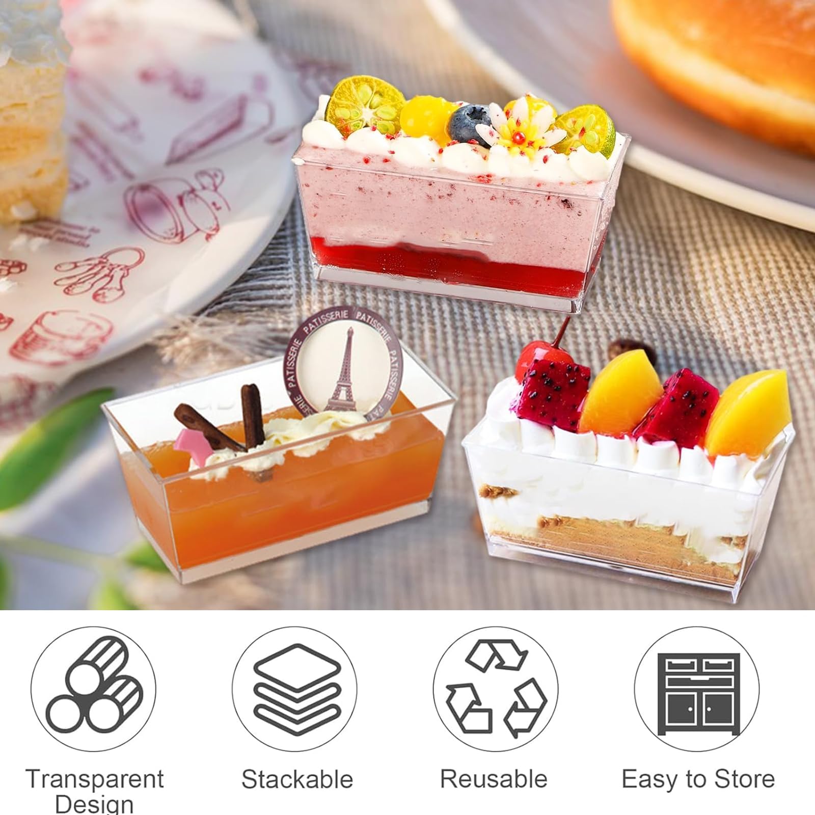 50 Coppette Dessert Rettangolari In Plastica Trasparente 140 Ml – Con 50 Cucchiai E Adesivi – Per Mousse, Cheesecake, Gelatine, Feste E Matrimoni