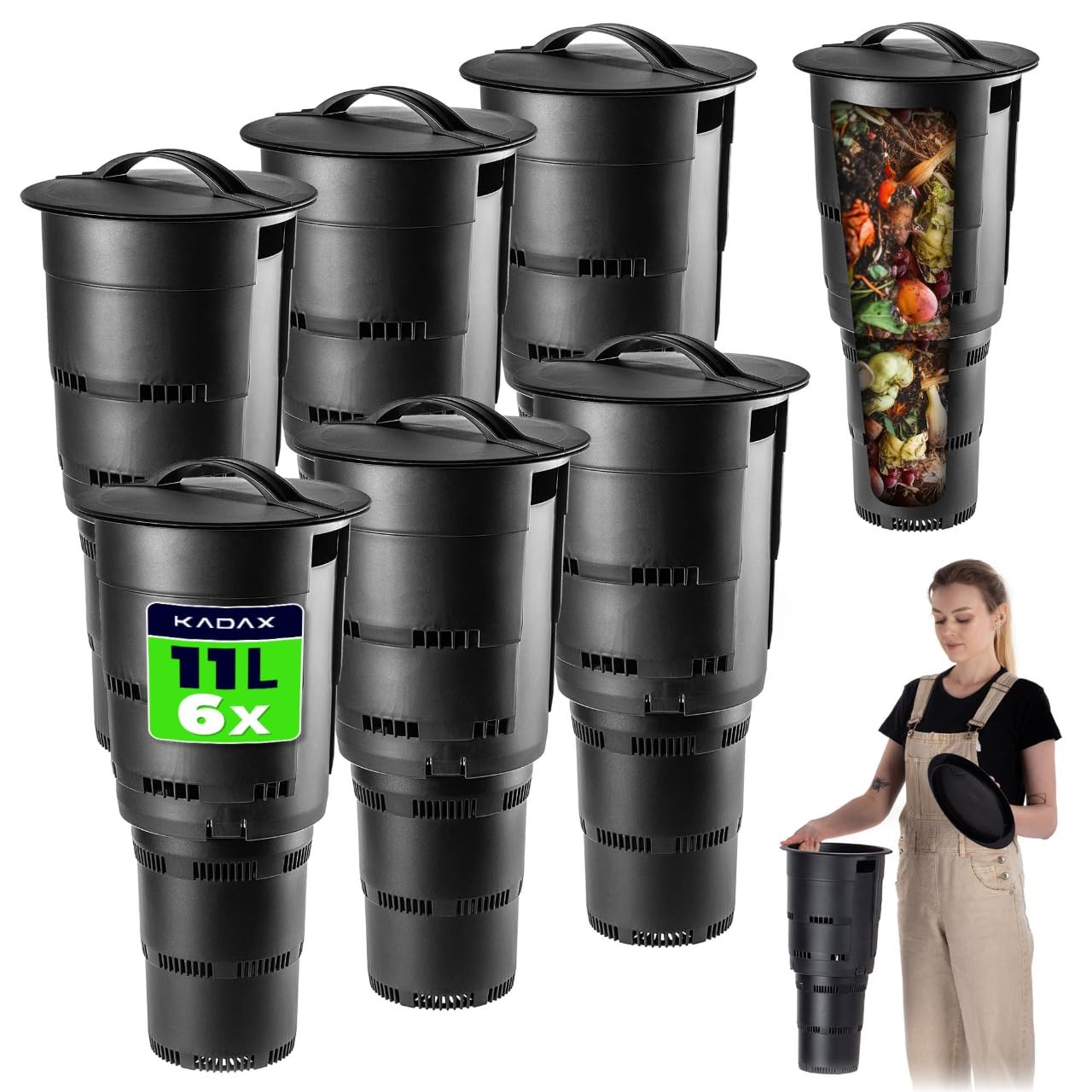 KADAX Compostador de plástico para jardín subterráneo, compostador de compostaje sin olor, cubo de compost para hacer abono, contenedor de compost con orificios de ventilación (negro, 6 unidades)