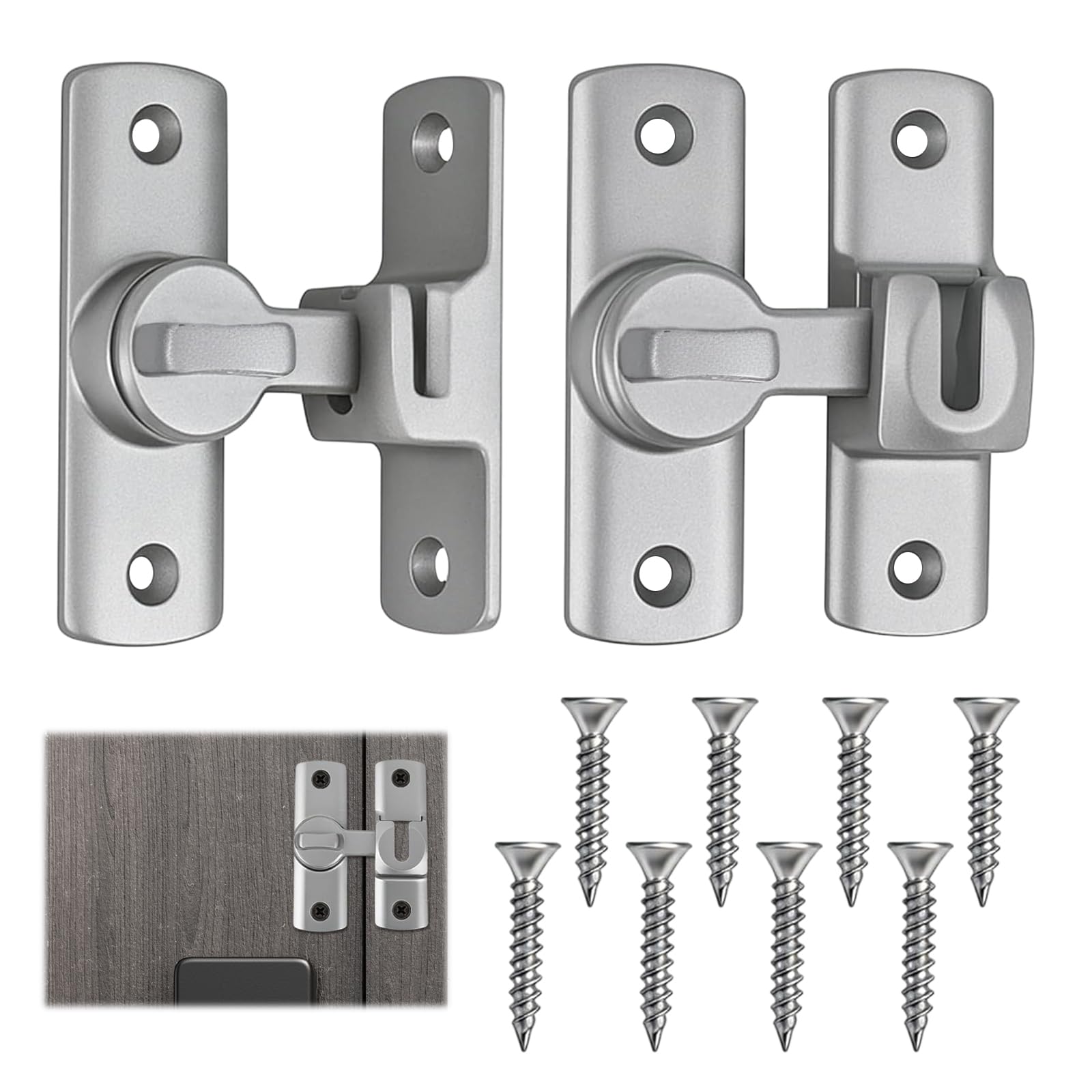 Heuiop Silver 2 Pcs Sliding Door Lock With Screws,Aluminum Alloy 90/180 Degree Flip Sliding Door Latch Lock For Barn Door Bathroom Bedroom Window ‎Garden (Silver)