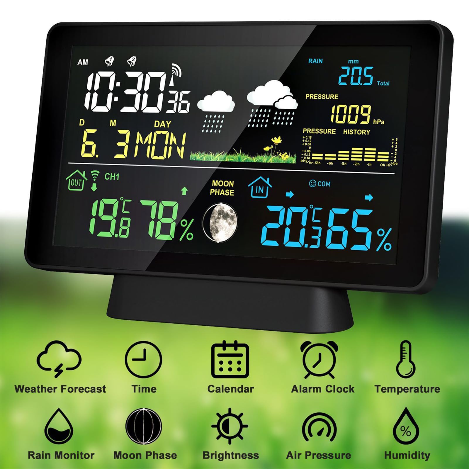 Drahtlose Wetterstation, Innen-/Außen, Temperatur, Luftfeuchtigkeit, Uhrzeit, Datum, Funksignal, Luftdruck, Mondphasenanzeige, Regenmesser, digitale Wettervorhersagestation, Wecker