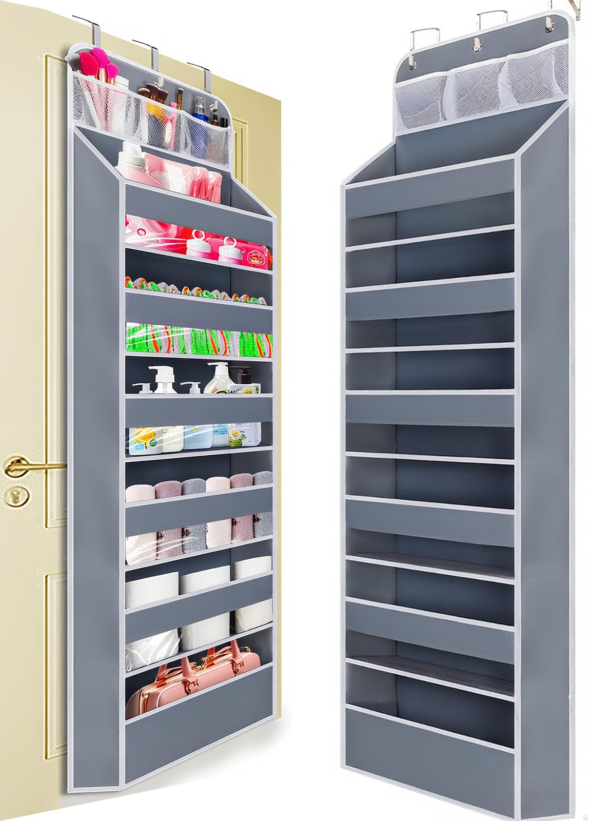 Organizador para colgar sobre la puerta Wakaye de 7 niveles, resistente, de 25 kg, sin inclinación, para dormitorio, baño, armario, guardería, zapatero, color gris, 1 paquete