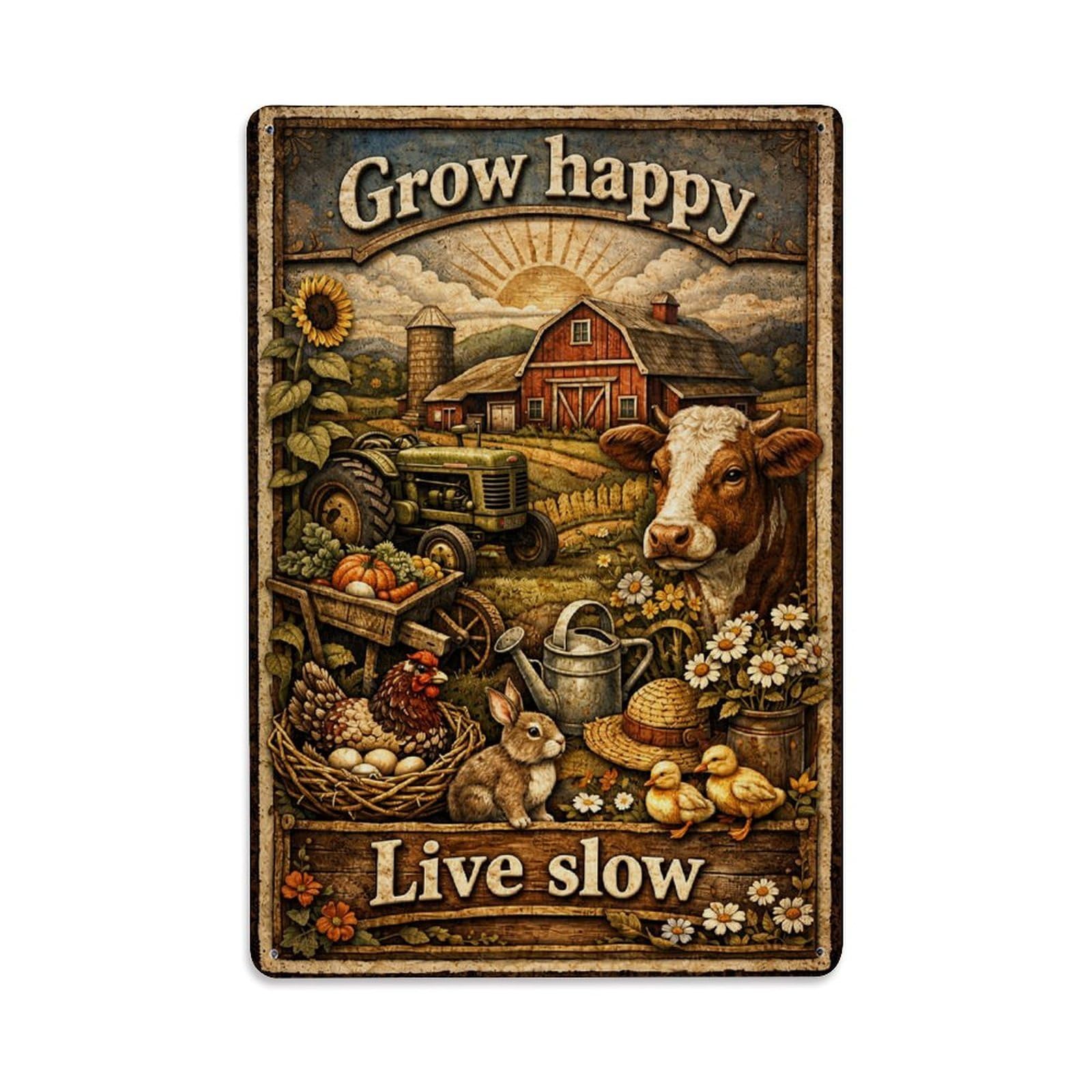 Jdfenggu Vintage Grow Happy Live Slow Farm Scene Retro Metal Tin Sign, Metal Poster For Bar, Home, Man Cave, Kitchen, Laundry Room Art Decor 8X12 Inch
