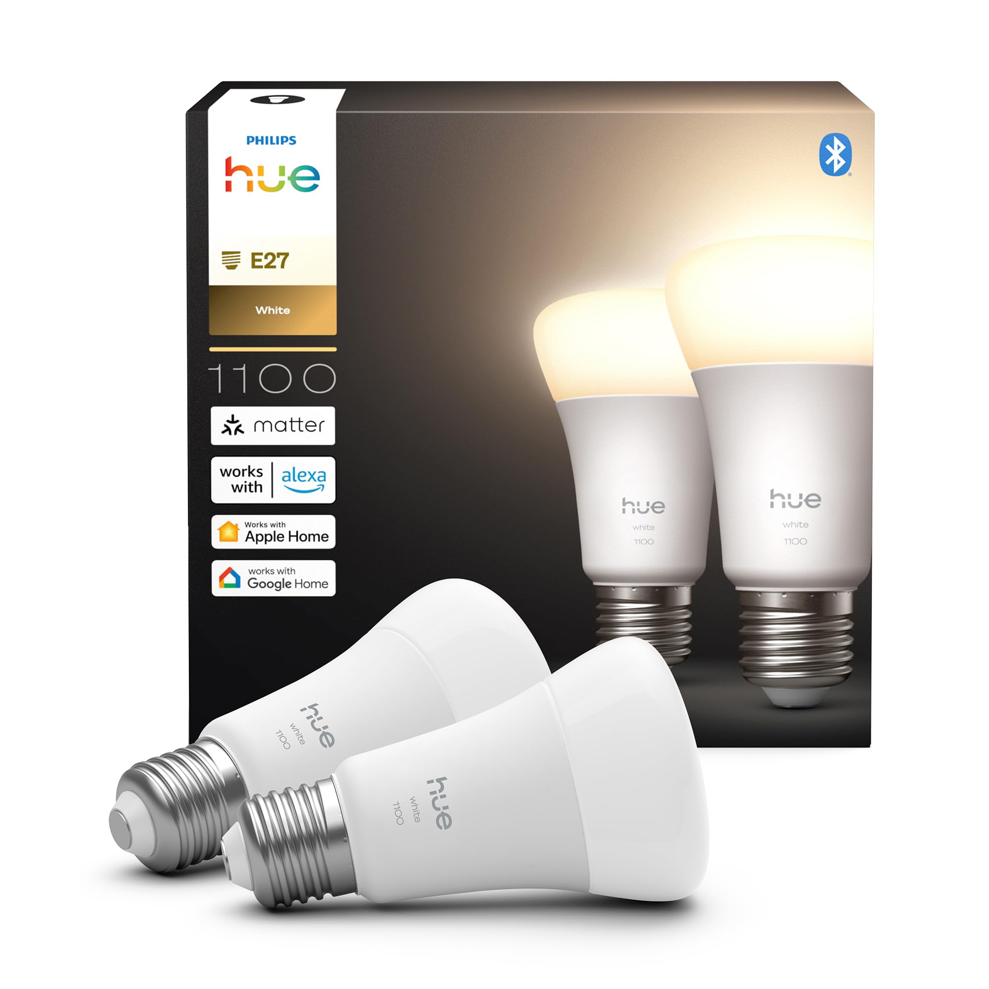 Philips Hue Philips Hue Smart LED A60 Bulb, Warm White Light 2700K, E27 Base, 9.5W, 1100 Lumens, Dimmable, Works with Alexa, Google Assistant, and Apple Home, 2 Pack