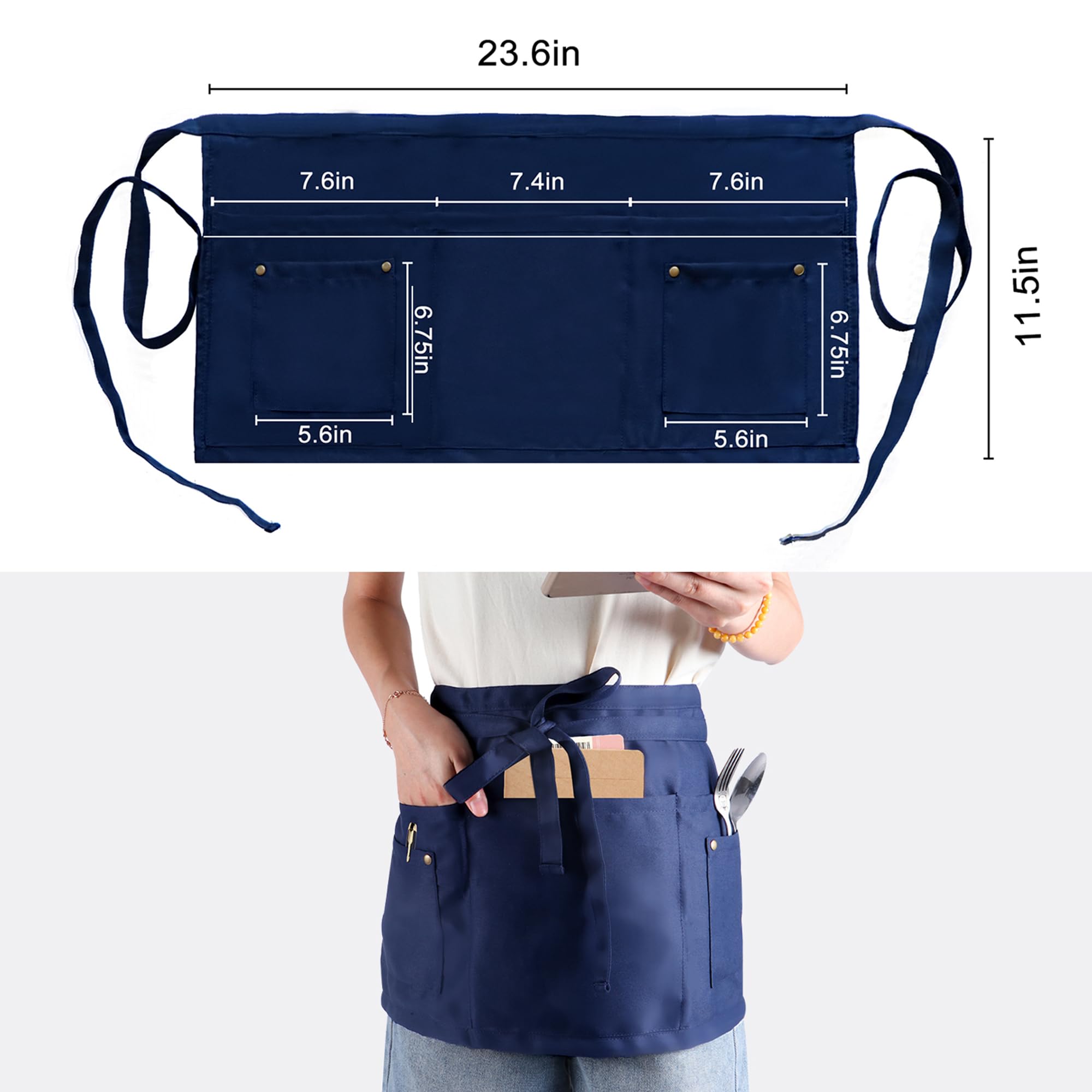MIKI WELL Waitress Apron with 5 Pockets - Dark Blue Waist Apron Short Half Work Aprons for Waitress Waiter Women Men Chef (Dark Blue) - Image 2