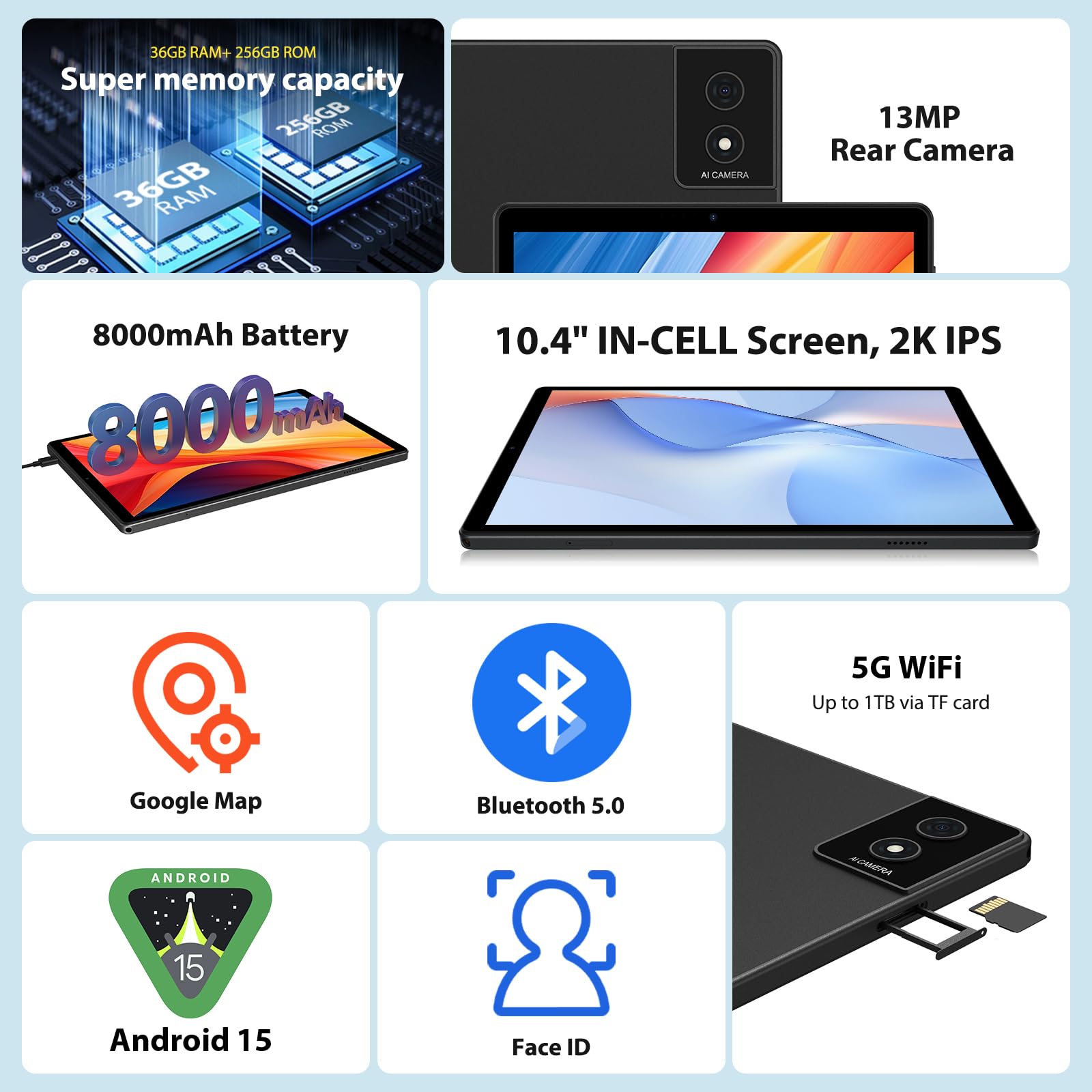WOREGOO 10.4 Pollici Tablet Android 15, 5G WiFi, Tablet in Offerta 36GB RAM+256GB ROM(TF 1TB), 2000x1200 FHD, Octa-Core, Widevine L1/8000mAh/8MP+13MP/BT5.0/GPS/GMS, con Tastiera e Mouse, Nero