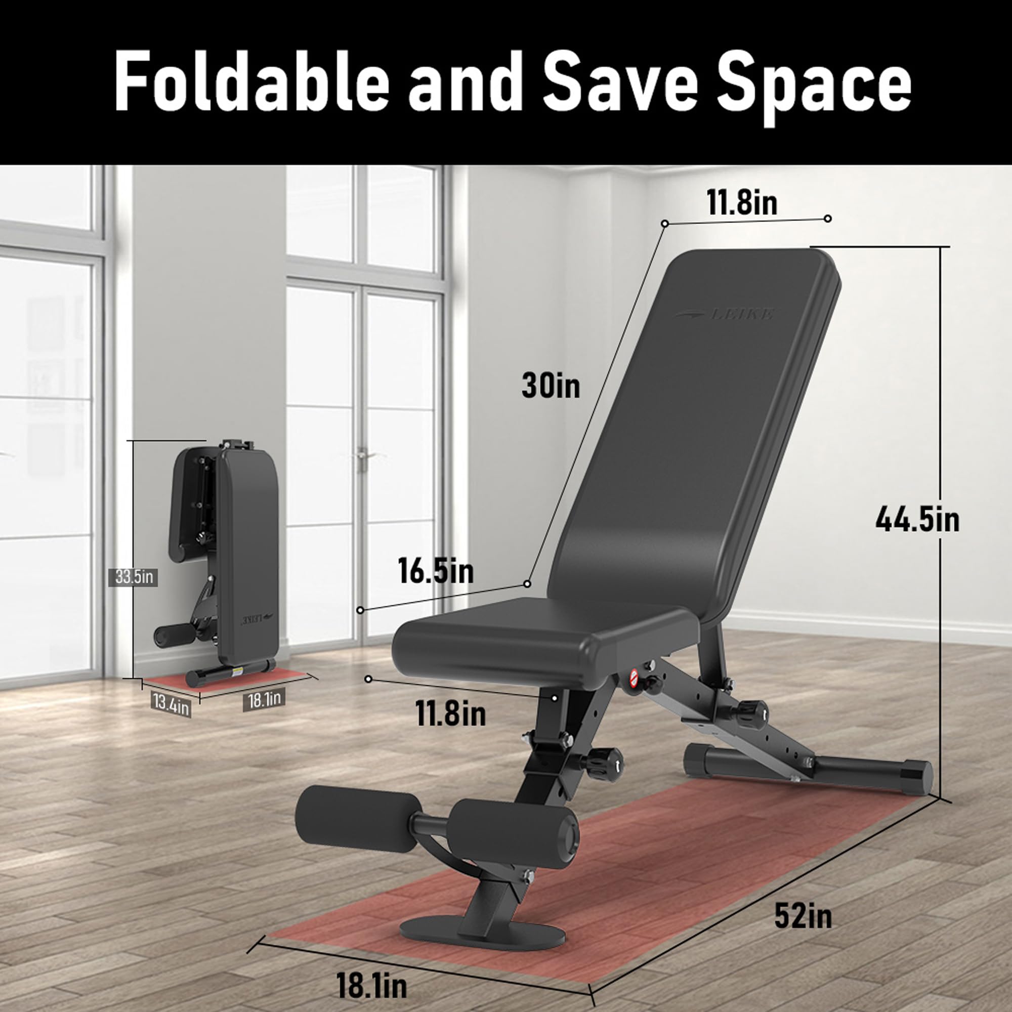 leikefitness Banco de pesas ajustable plegable con bloqueo automático para inclinación vertical y ejercicio plano de cuerpo completo
