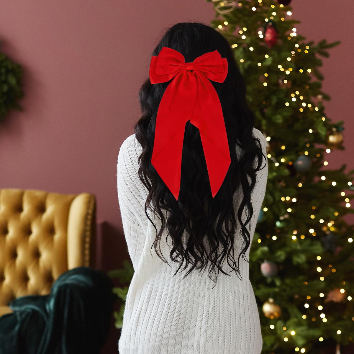 Christmas holiday red satin bow with rhinestone trim - with Barrett clip close - 51dl1oSRfdL.jpg_BO30,255,255,  main image 2