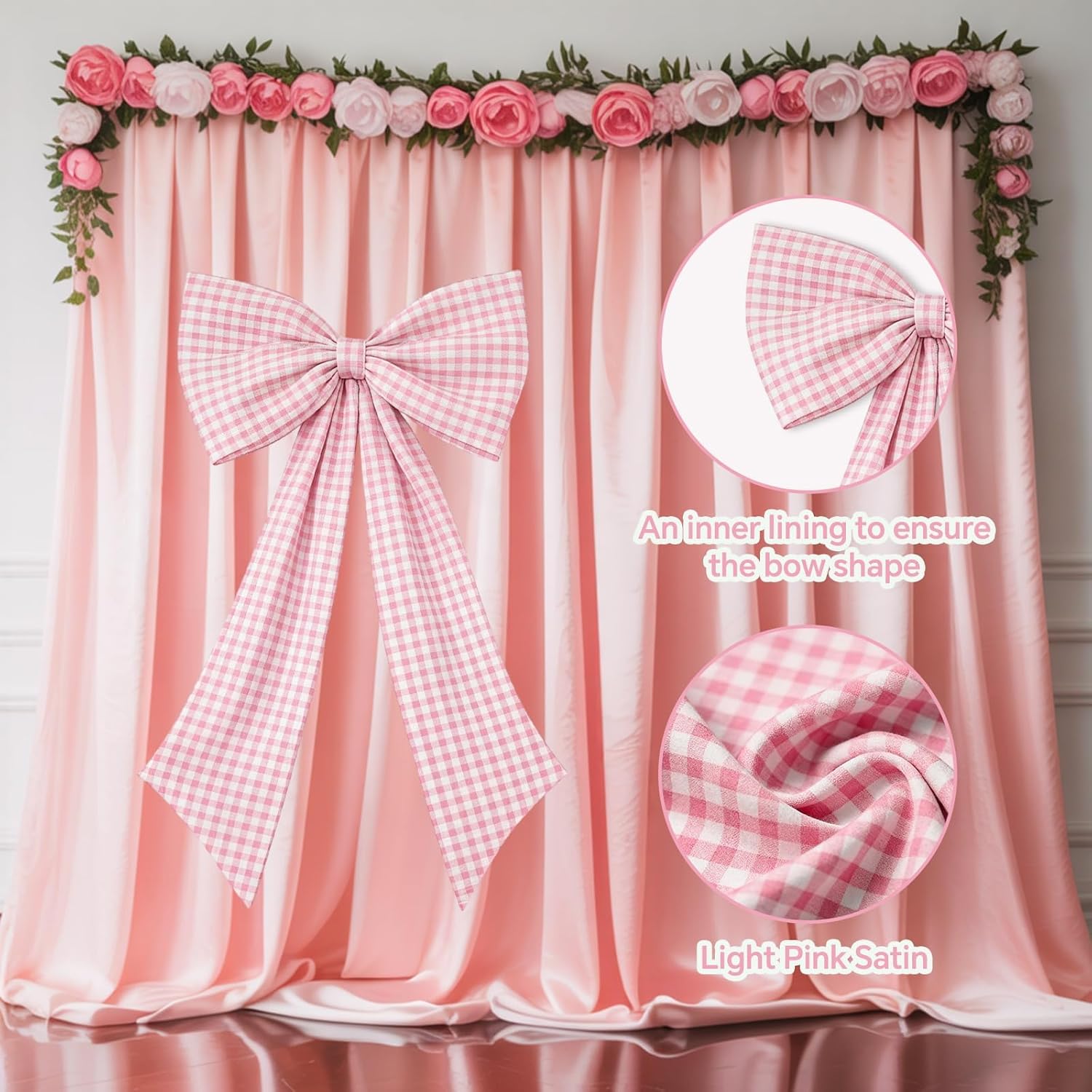 Pink Checkered Bow Decor 2 Pack,Large & Small Blue and White Coquette Room Backdrop Wall Decor for Women Girls Birthday One Silly Goose Baby Shower Bridal Engagement Wedding Party Decorations