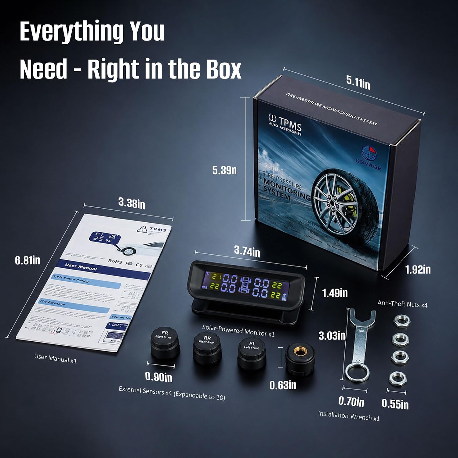 Tire Pressure Monitoring System Tire Pressure Monitor System with Solar Charge with 4 Sensors(Max to 10) & 6 Alarm Modes Color LCD Display, 0-87Psi for Rv/Trailer/Truck (Black)