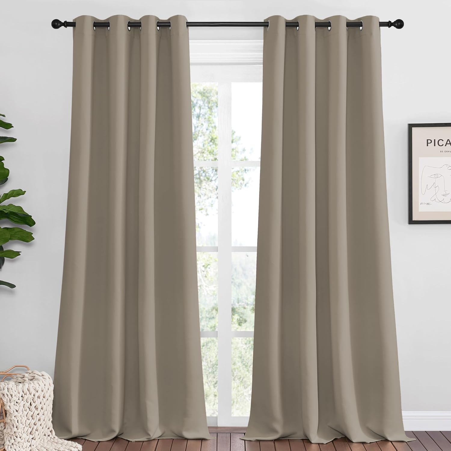 NICETOWN Taupe Blackout Curtains Panels for Bedroom, 2 Panels, 52 x 92 Inch, 3 Pass Microfiber Noise Reducing Thermal Insulated Solid Ring Top Blackout Window Drapes