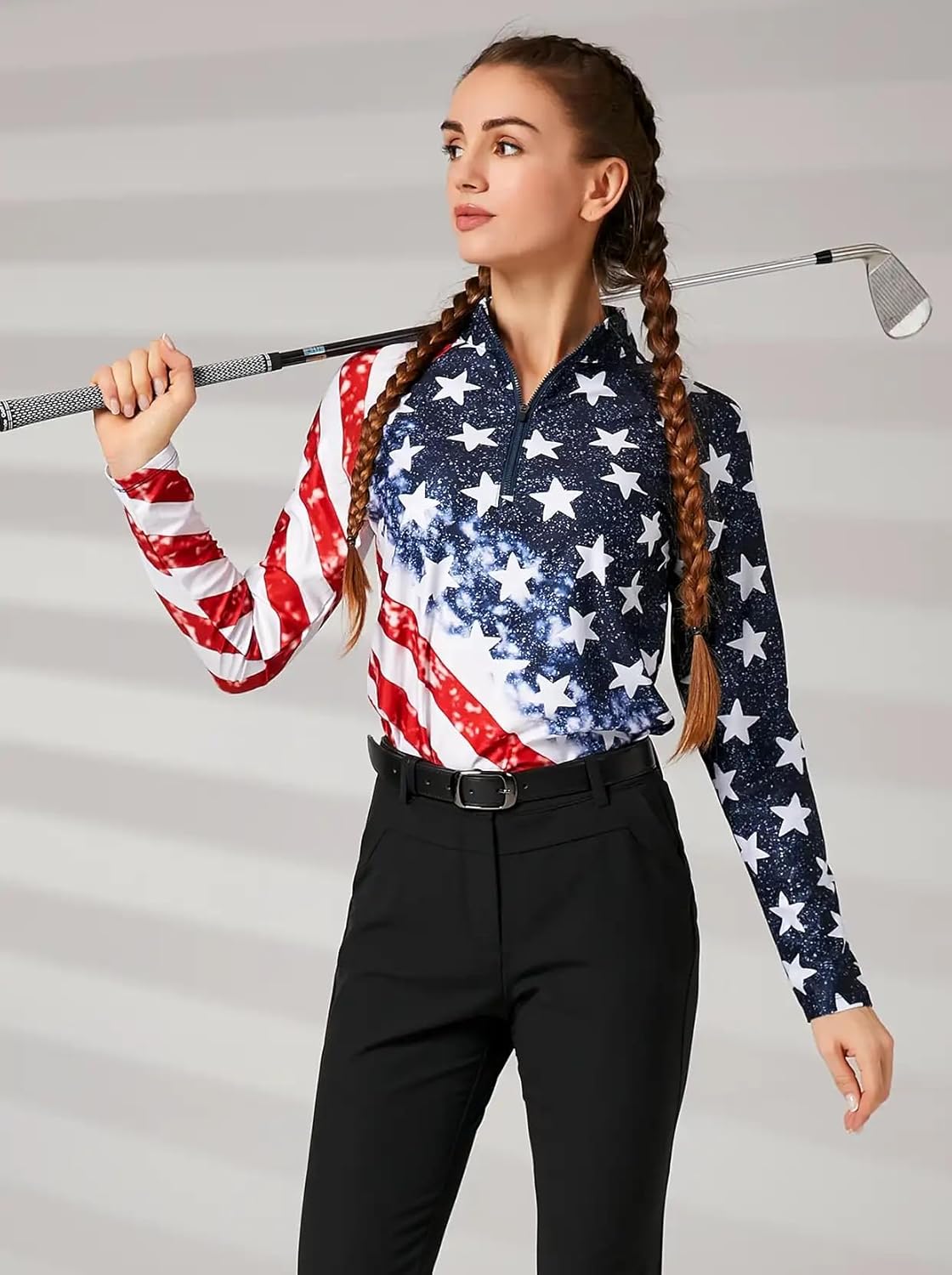 WOWENY Women's Long Sleeve Athletic Shirts Quarter Zip Pullover Collared T-Shirt Workout Print Tennis Top