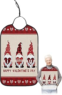 BOBOWUNY Valentines I Love U Adult Bibs for Elder Women Men Eating, Red Black Plaid Gnomes Roses Waterproof & Washable Bibs for Eating Clothing Protector Dining Bibs for Crumb Catcher