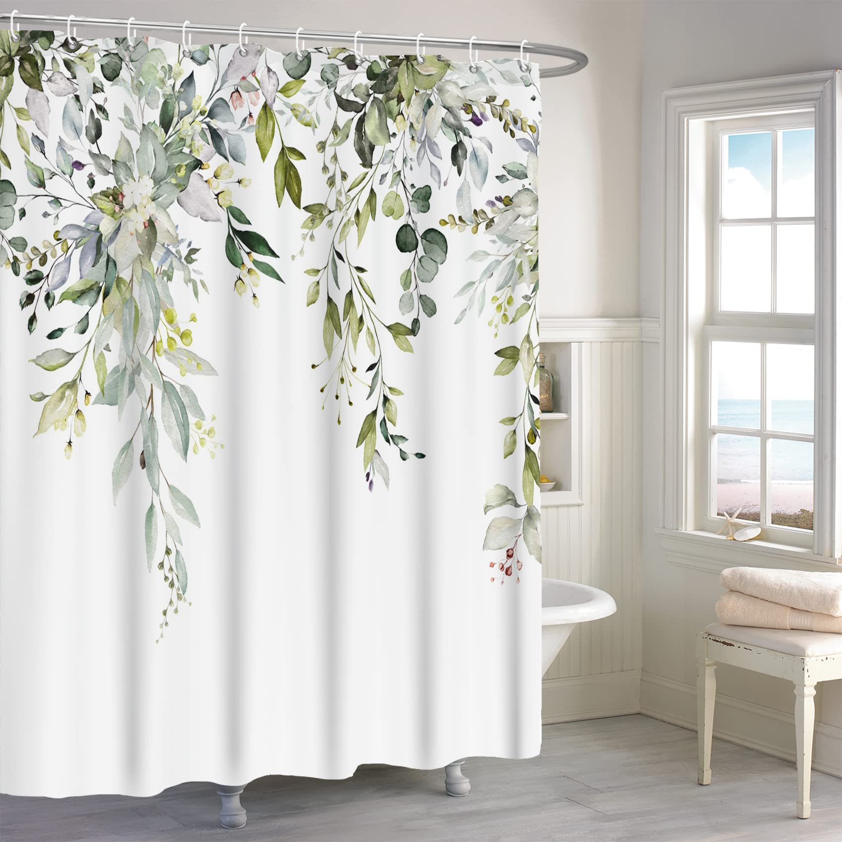 MIRRORANG Green Eucalyptus Shower Curtain, Tree Leaves Botanical Bath Curtain, Spring Natural Weeping Leaves Shower Curtain Set with 12 Hooks,72x72 Inch