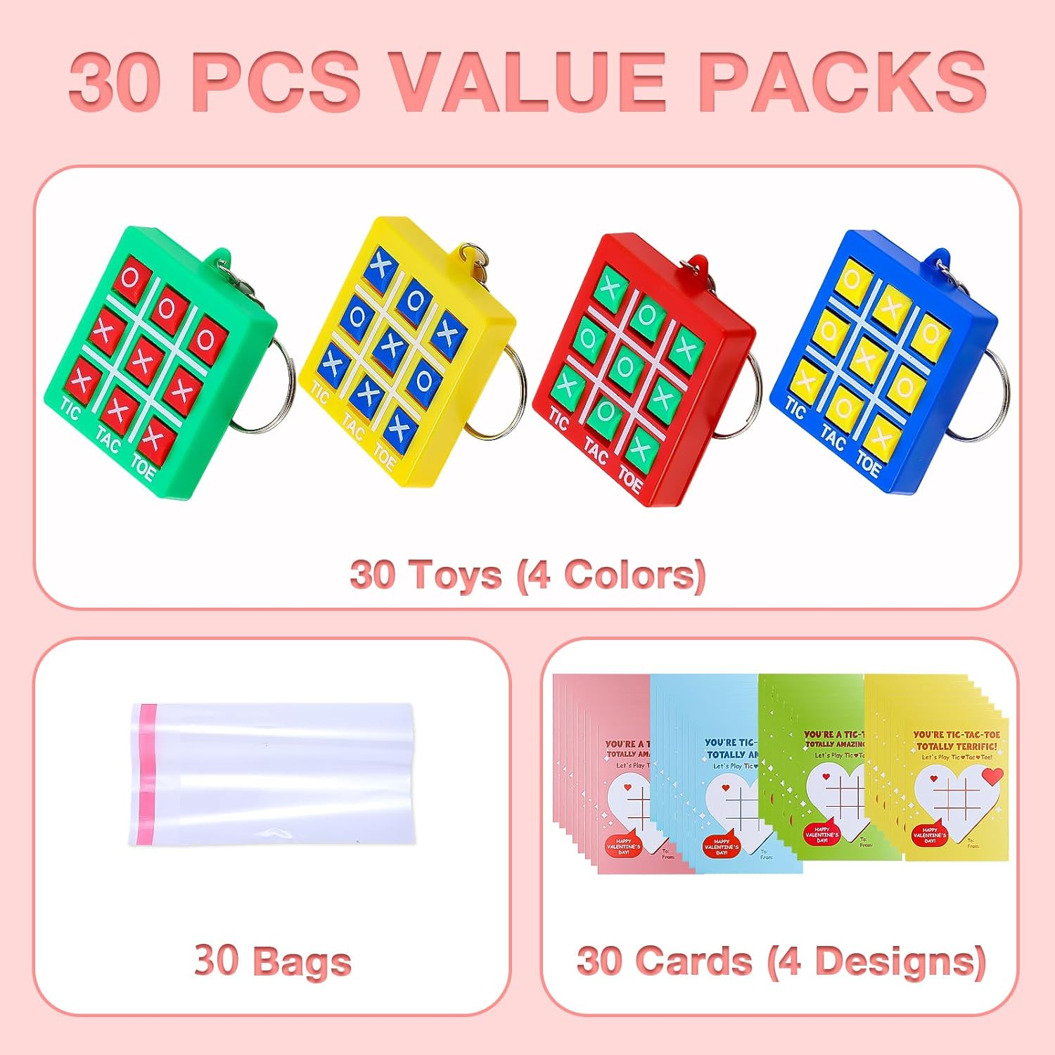Valentines Day Gifts for Kids Classroom - 30 Pack Tic Tac Toe Game Keychain Valentine for Kids Class, Tic Tac Toe Valentines Day Cards for Party Boys Girls, Gifts for Classroom Exchange