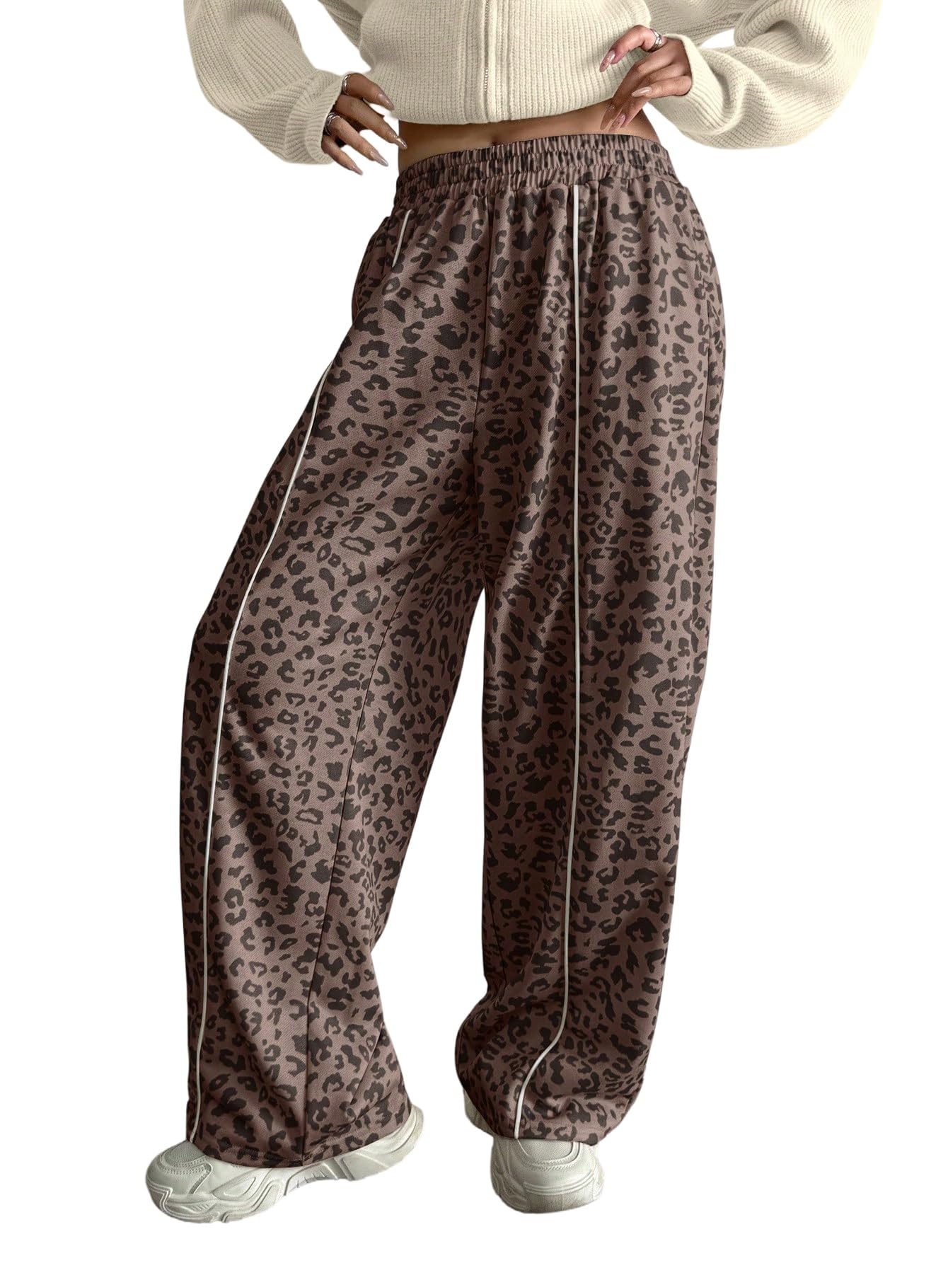 GORGLITTER Damen Leopardmuster Hosen Y2K Weite Hose Freizeithose mit Elastikbund Jogginghose mit Tasche Streetwear Sweatpants Herbst Casualhose