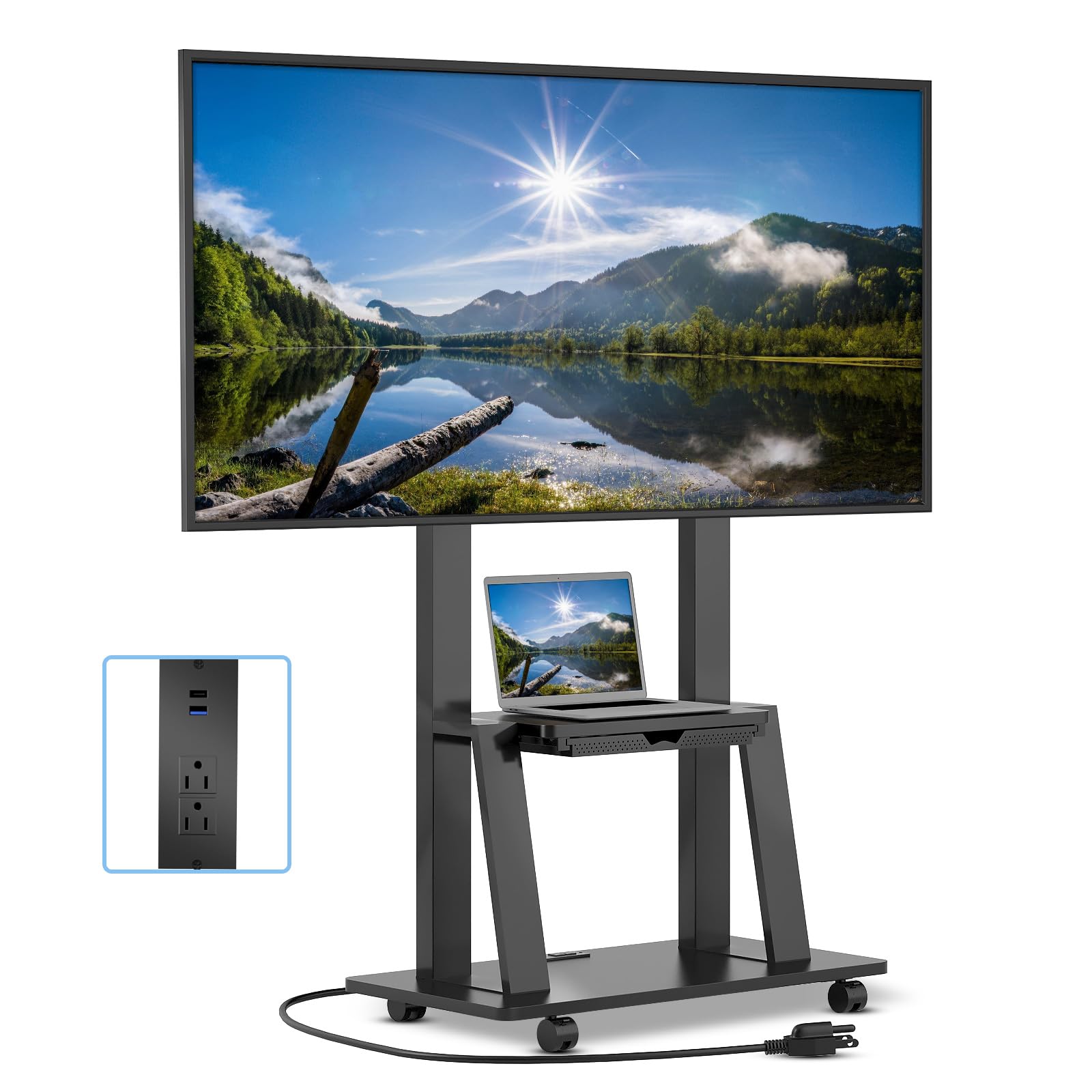 Mobile TV Stand for 32-80 Inch TVs, Rolling TV Stand with Power Outlet, Outdoor TV Stand with Wheels, Height Adjustable TV Stand for LCD OLED 4K Flat/Curved Panels Max VESA 600x400mm