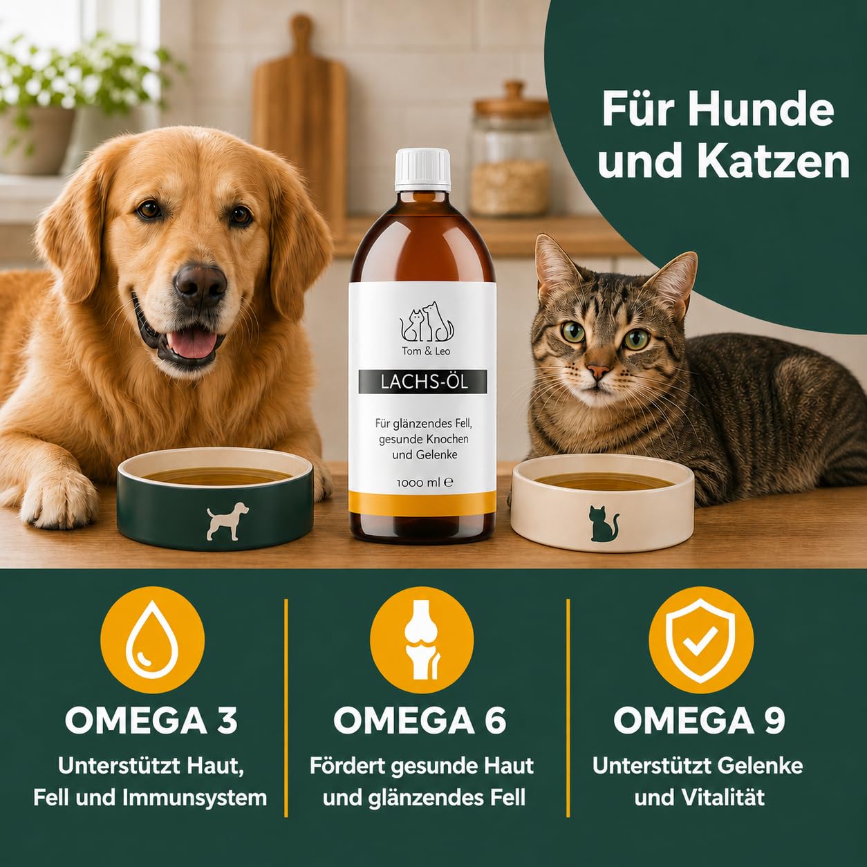 Tom & Leo Huile de saumon pour chiens et chats 1000 ml – Huile de saumon sauvage avec oméga 3-6-9, idéale pour la peau et le pelage, huile de poisson de qualité supérieure pour chiens