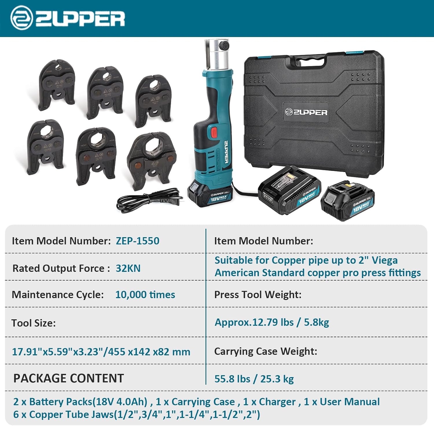 ZUPPER Press Tool,18V Electric Copper Crimper Tool with 6 Copper Press Jaws 1/2" to 2" Standard Copper Press Tool Kit Compatible with Propress Fittings,2PCS 4AH Batteries, Fast Charger & Carrying Case
