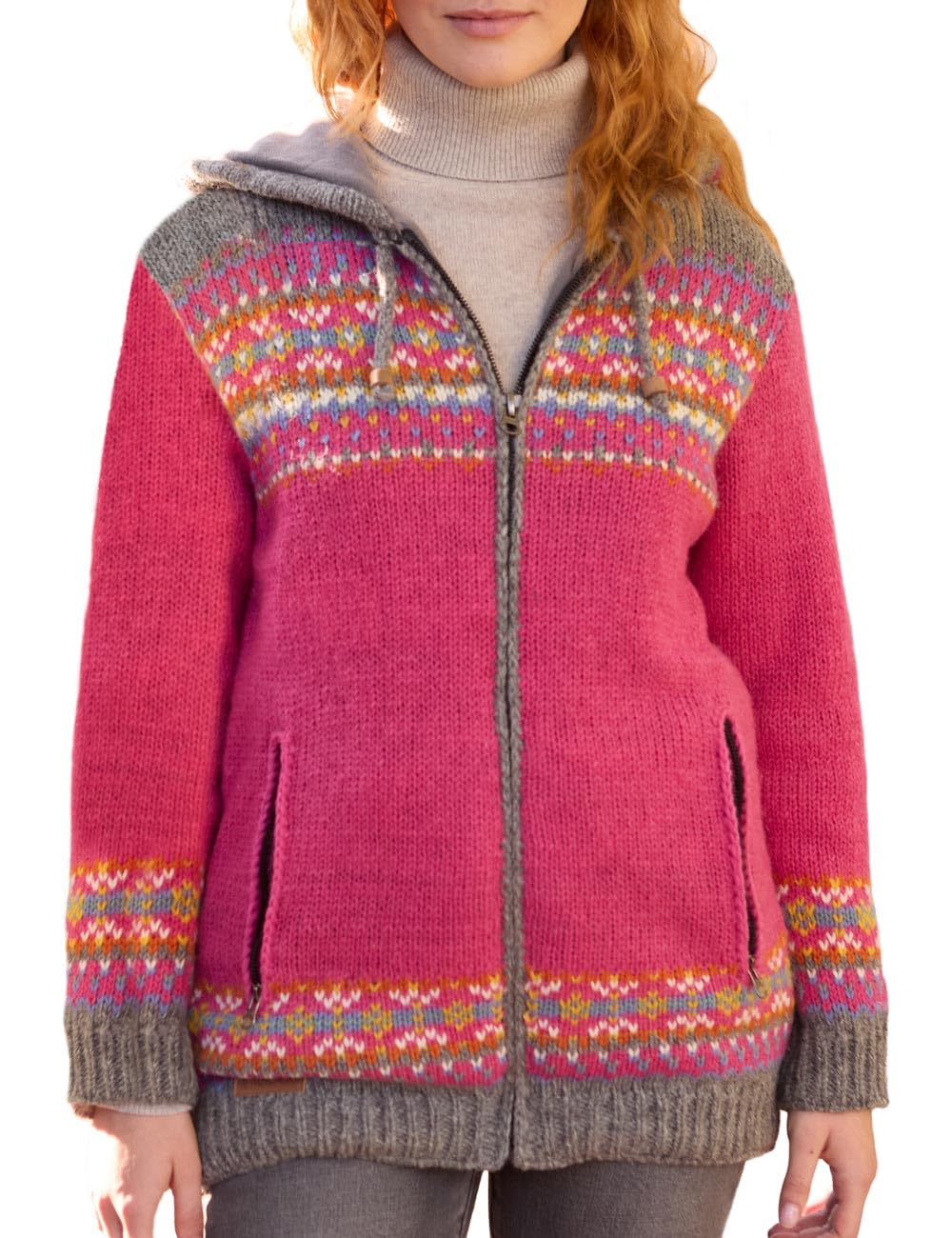 Pachamama Damska wełniana bluza z kapturem z podszewką polarową ręcznie robiona tradycyjna Fair Isle kolorowa ręcznie robiona gruba termiczna bardzo ciepła kieszeń bluza z kapturem kurtka Fair Trade
