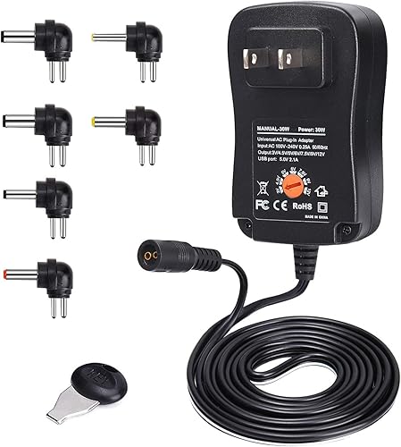Adaptador universal de 30 W con conmutación de CA a CC fuente de alimentación con 6 puntas de conector seleccionables y cargador USB de 5 V 3 V a 12