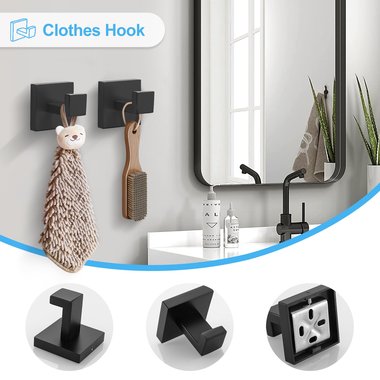TURS 304 Stainless Steel Robe Hooks,Toilet Paper Holder,Towel Rail,Wall Mounted,Bathroom 4 Pieces Bathroom Accessory Set(Black) - Image 4