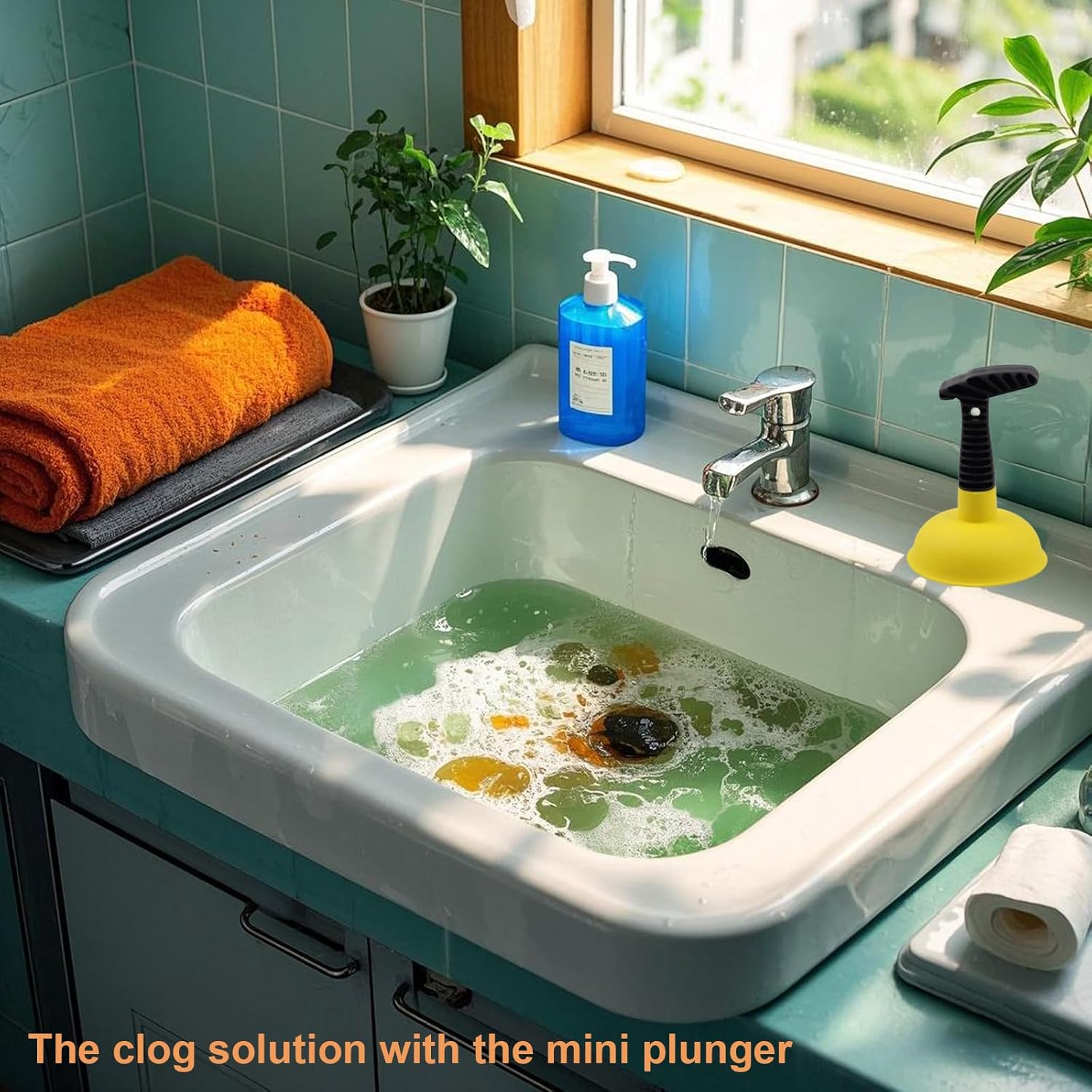 Mini Sink & Drain Plunger with Short Handle - Heavy-Duty Rubber Cup & Ergonomic Grip for Powerful Suction, Unclog Slow Drains in Sinks, Tubs, Showers, Bathrooms, Kitchens, Compact, Space-Saving Design