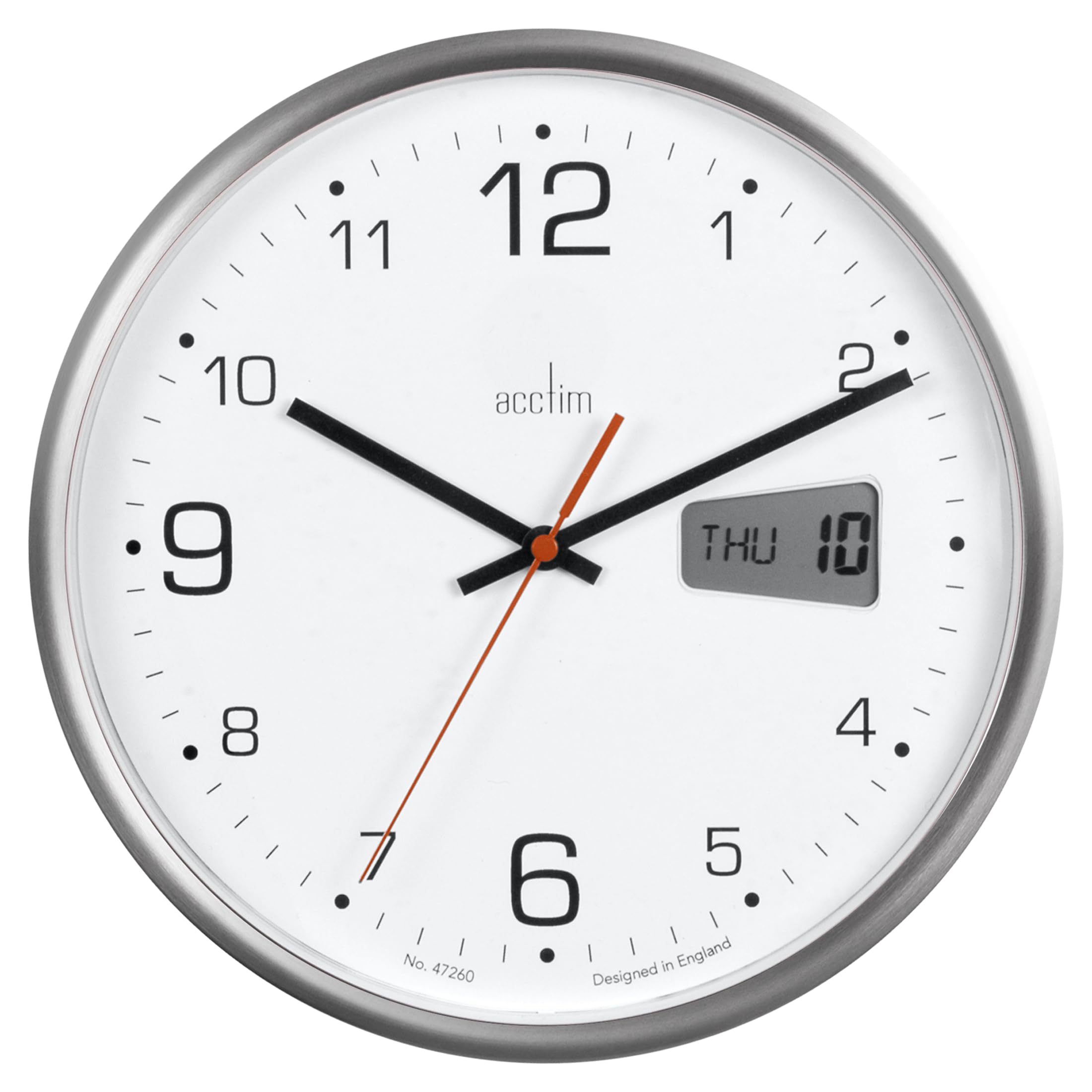 Acctim Kalendar Wall Clock Non-Ticking Sweep LCD Digital Display Energy Efficient Silver 27cm