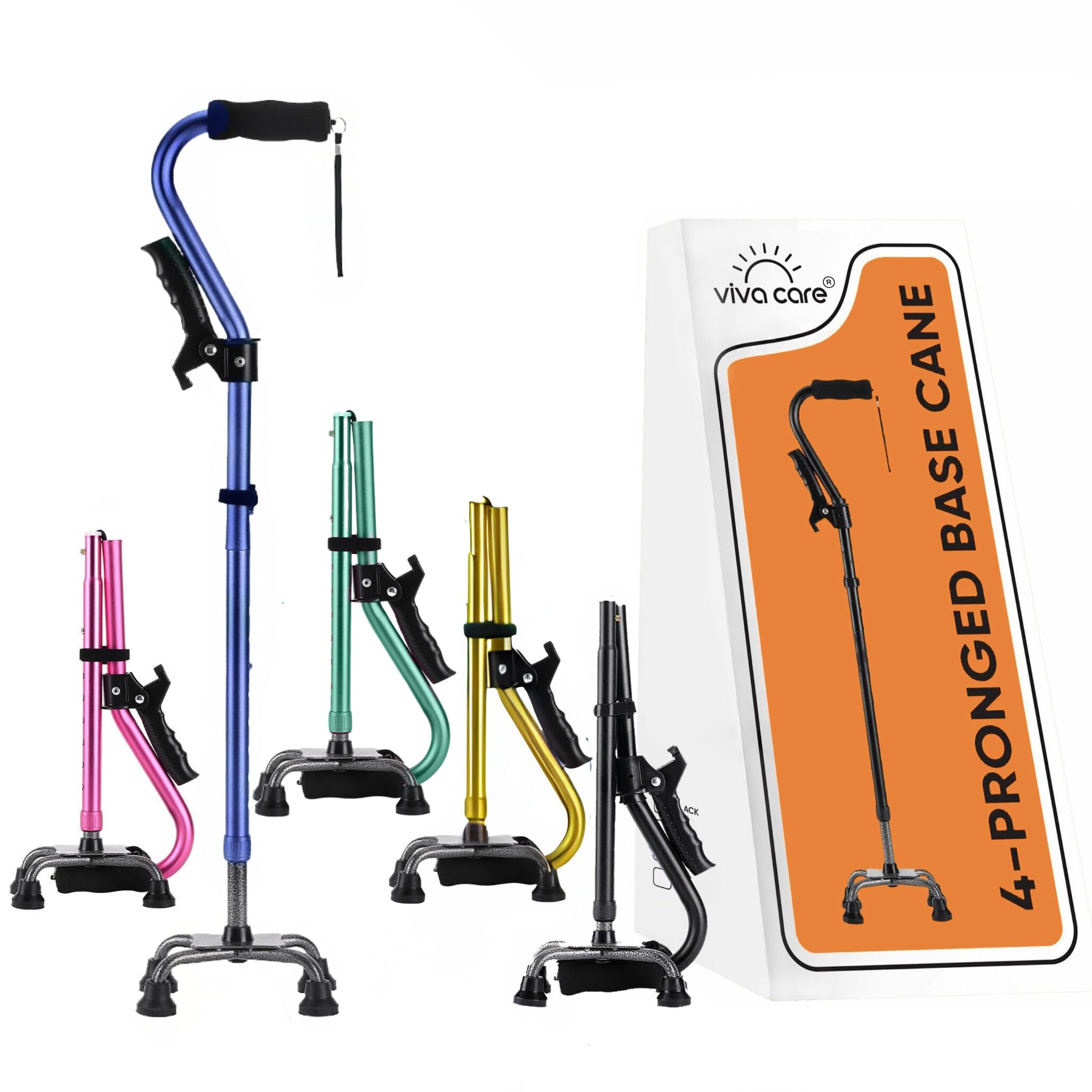 VIVA CARE Walking Cane with 4 Prongs and Extra Side Handle – Adjustable, for Balance & Stability for Adults, Seniors, and Injured.