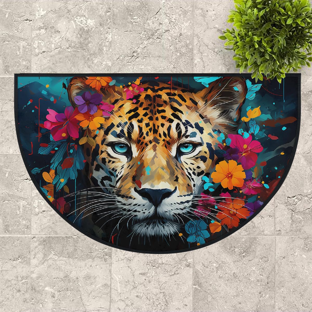Mexpekil Paillasson demi-rond antidérapant lavable en demi-lune avec visage de léopard pour intérieur et extérieur - Attrape la saleté - 100 x 160 cm