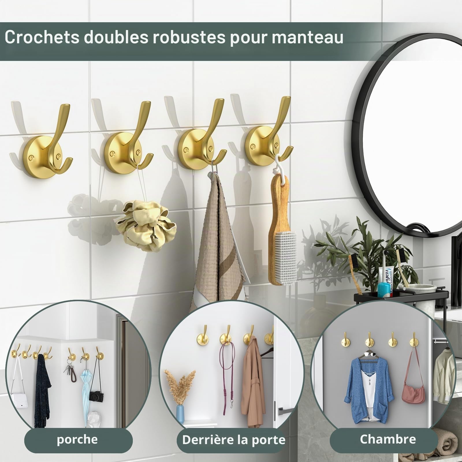 Crochets en Métal Solide Pour Manteaux, Chapeaux et Vêtements - 4 Pièces Muraux Pour la Maison, Doré