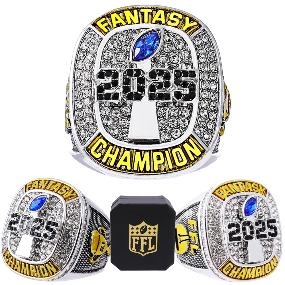 2025 Fantasy Football Championship Ring | Heavy FFL Champion Trophy Ring | Gold Silver Tone Plated Award Trophy for Fantasy Football League Winner