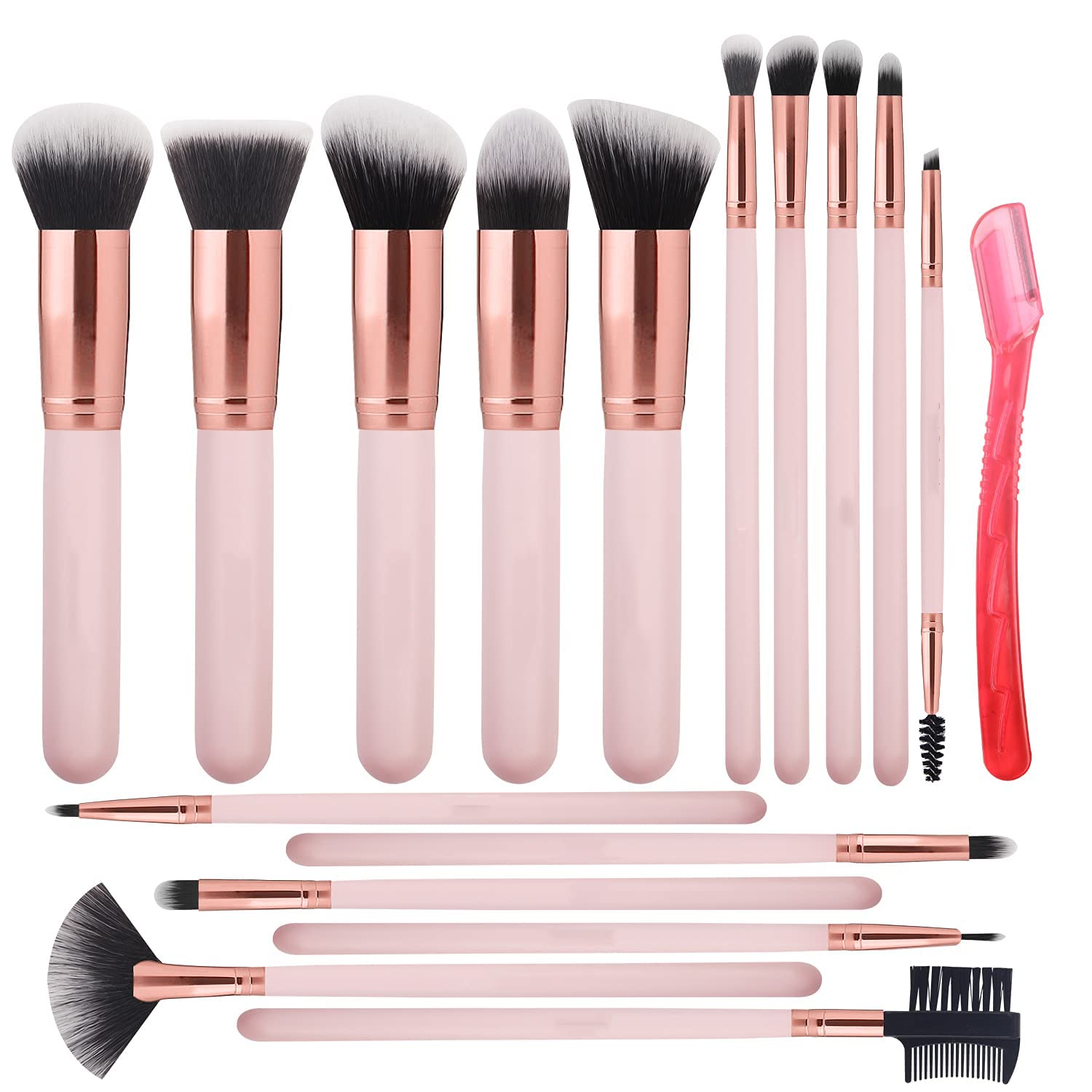SYOSI 16 Pcs Makeup Brushes Sets, Makeup Brushes Set with 1 Eyebrow Razor Synthetic Foundation Brushes Blending Face Powder Eye Shadow Concealer Make Up Brushes Tool Kit (Pink)