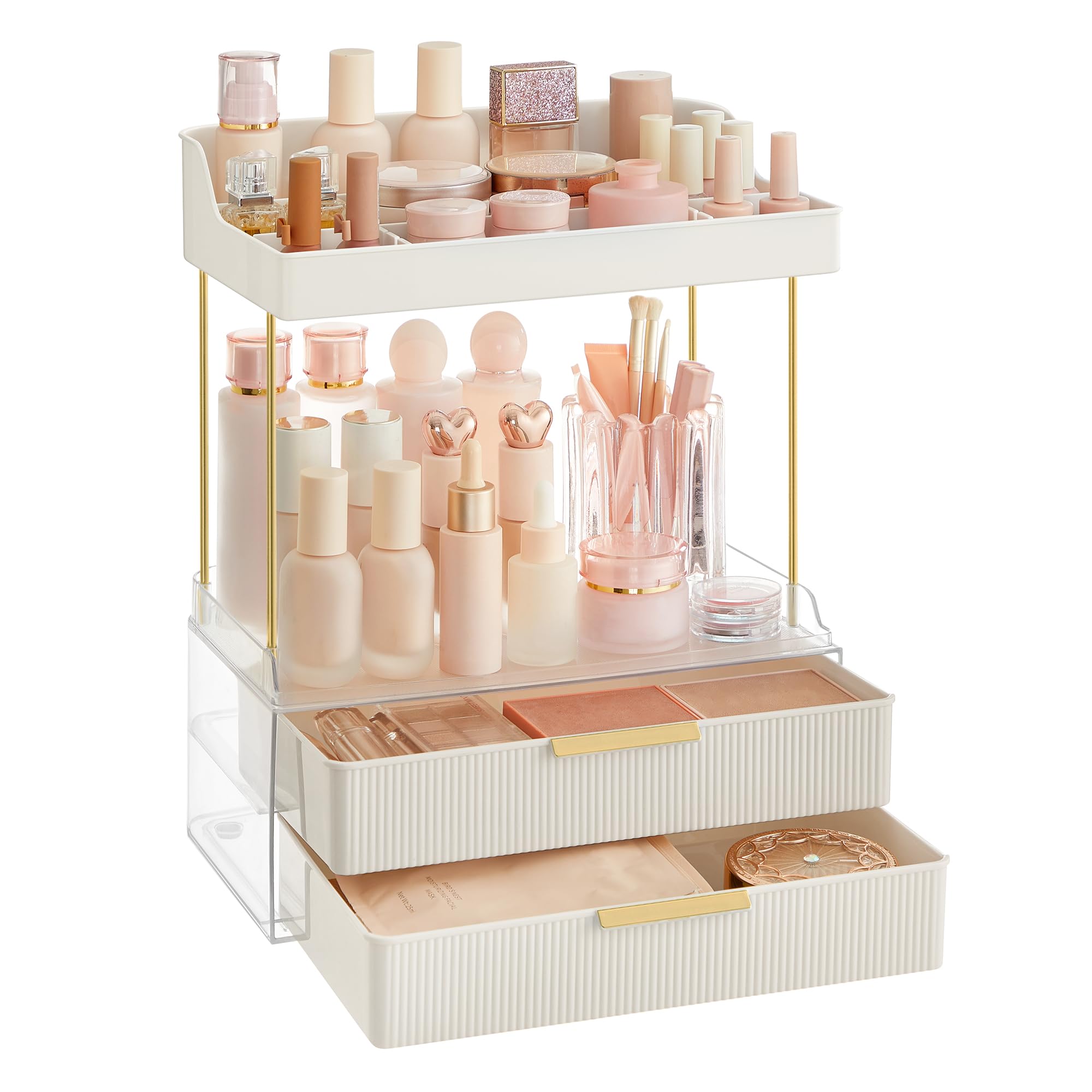 SONGMICS Make-up Organizer 4 Ebenen, Kosmetik-Organizer, 4 Trennwände, Make-up Box für Schminktisch, rutschfest, Badezimmer, Schlafzimmer, Küche, 20 x 32 x 39,1 cm, wolkenweiß JKA021W01 | Hautpflege-Organizer, 20 x 32 x 39,1 cm, Badezimmer-Theke, Waschtis