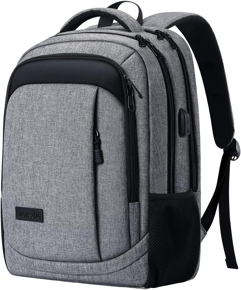 Monsdle Travel Laptop Backpack Anti Theft Backpacks with USB Charging Port, Travel Backpacks Business Work Bag 15.6 Inch College Computer Bag for Men Women, Grey