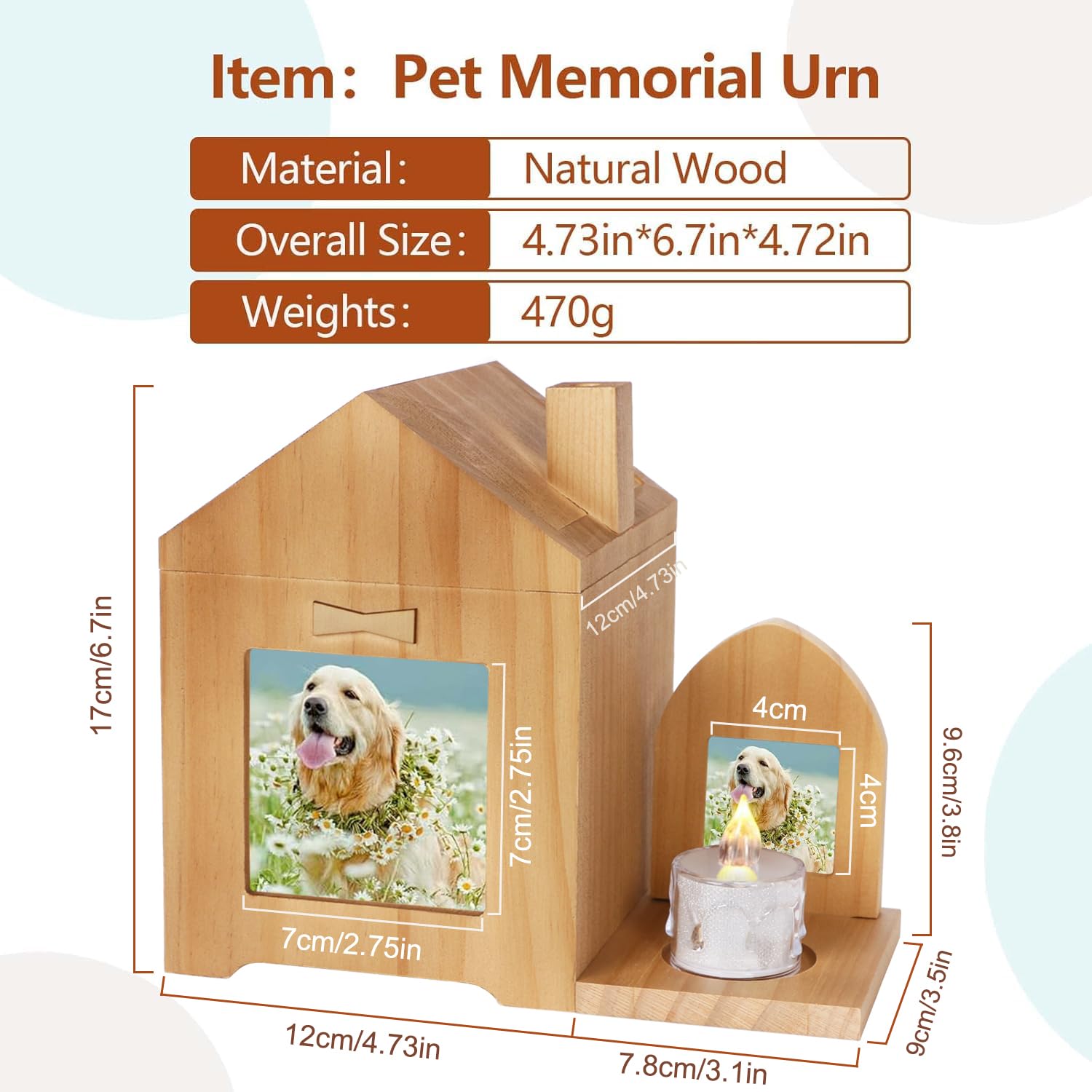 Tierurnen für Hunde Katze, Haustier Gedenkurne für Asche, Holz Haustierurne mit Fotorahmen und Kerzenständer Haustierurne geeignet für Katzen Hunde Kleintiere