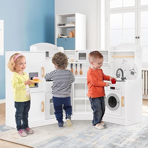 Miniatura 5 de Costzon Juego de cocina de esquina para niños, cocina de madera con lavadora, campana extractora, máquina de hielo, microondas, horno, fregadero,