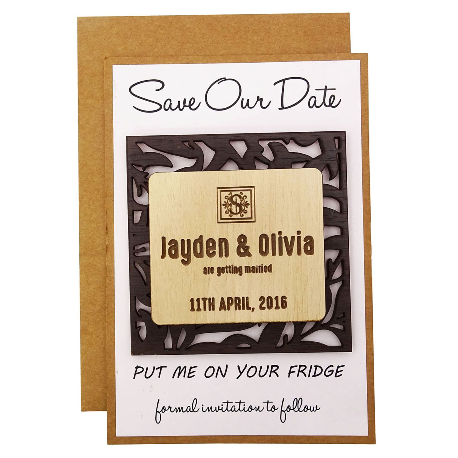 Aimant mariage personnalisé en bois souvenir gravé pour les invités avec enveloppes