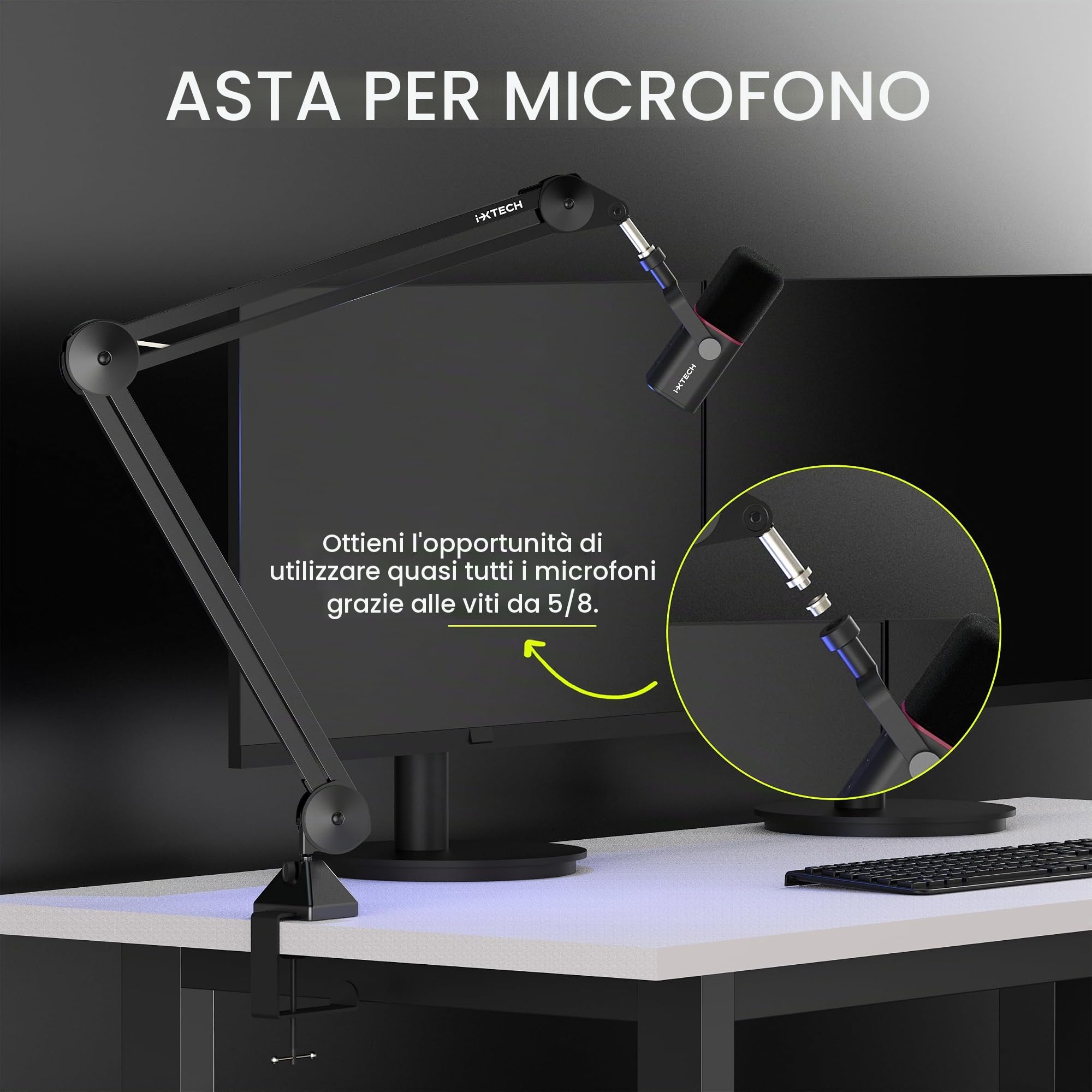 IXTECH Supporto per microfono a braccio regolabile, resistente, con fascette, supporto da scrivania per gaming, streaming e podcasting.