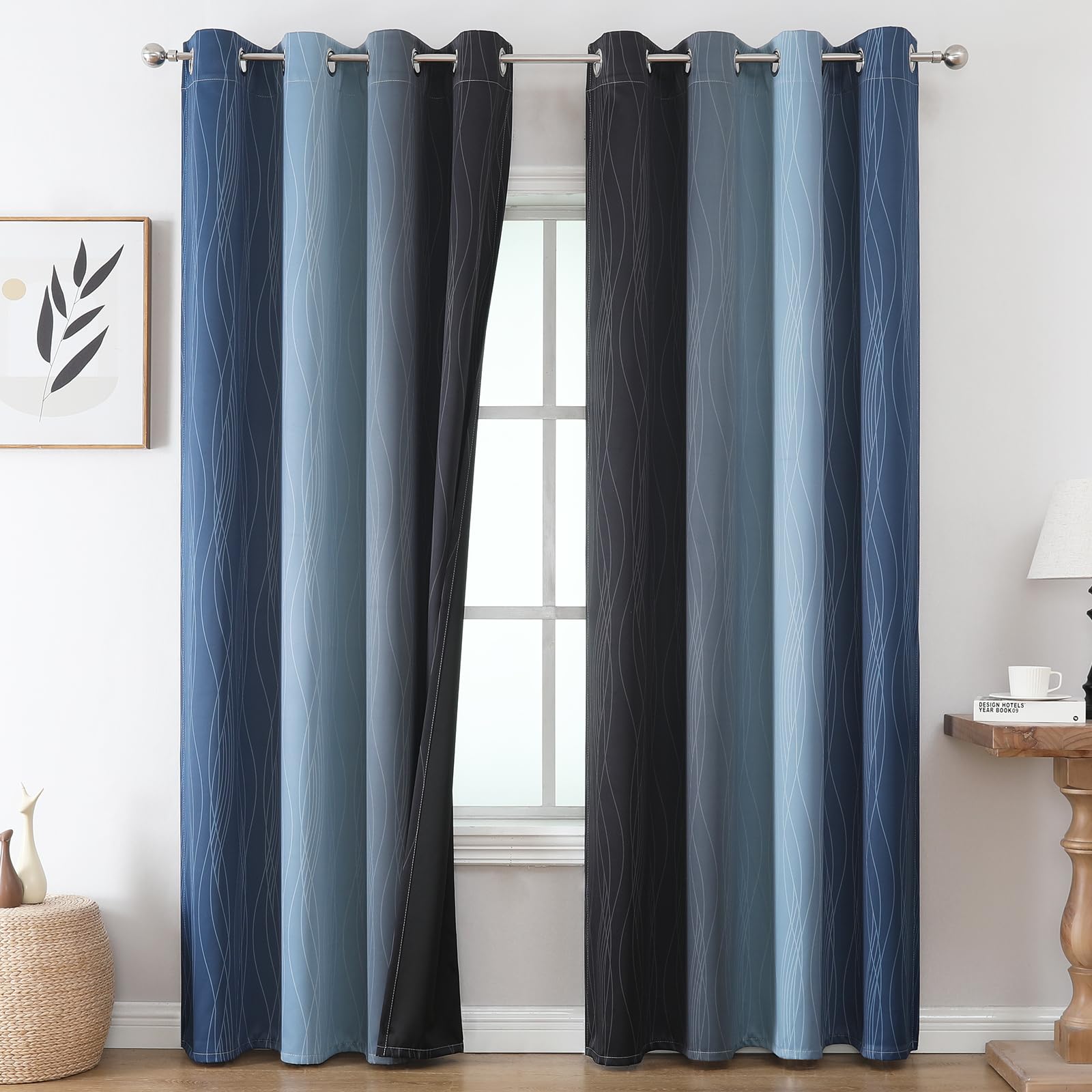 VEHEDE Gradient Blackout Curtains for Bedroom, Ombre Thermal Insulated Curtain 84 Inch Drop Noise Reduction Eyelet Drapes for Window Treatment, W52 x L84 Inch, Navy Blue and Black, 2 Panels โ image 1
