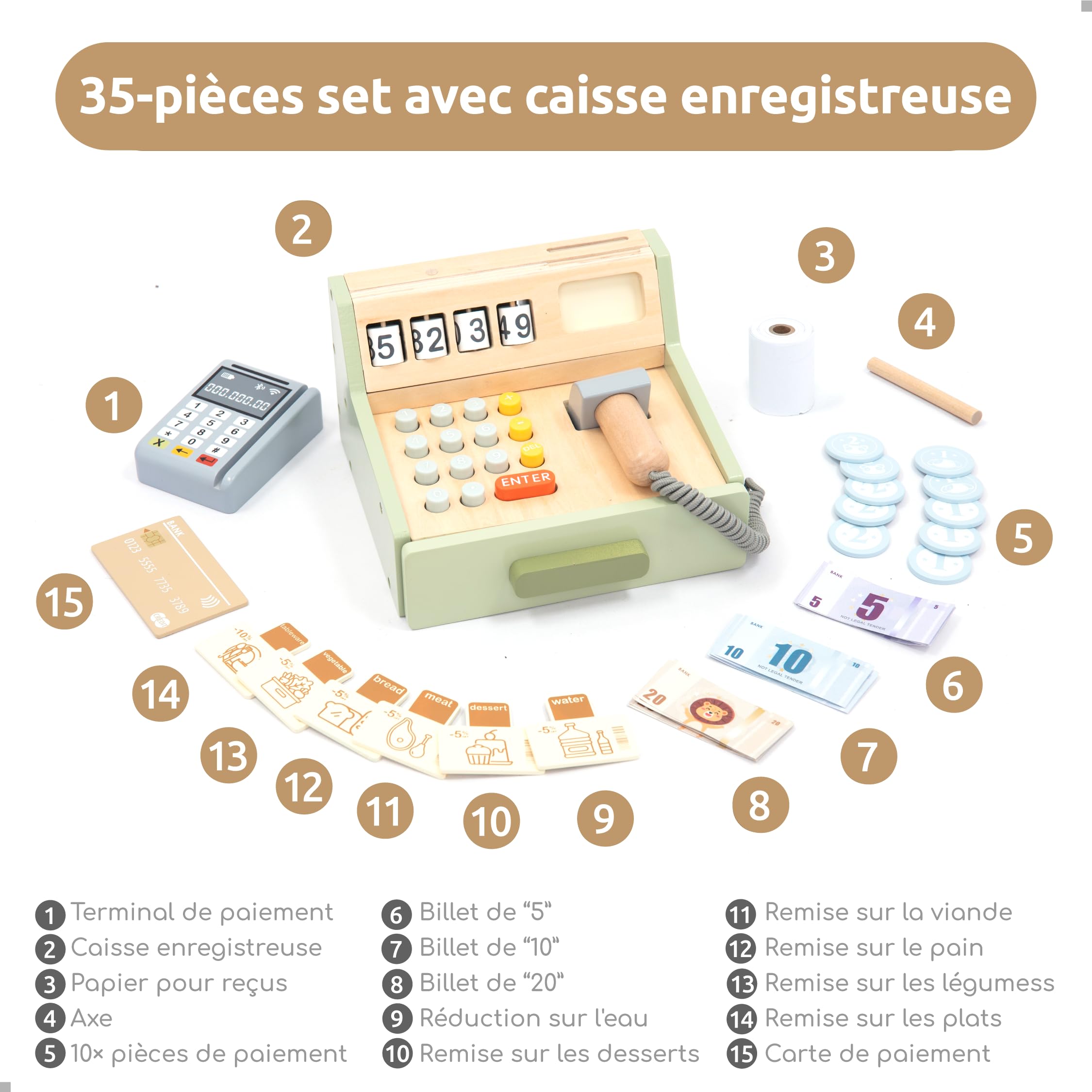 UMU® Caisse Enregistreuse en Bois pour Enfants avec Accessoires (Scanner, Terminal de Paiement, Argent de Jeu), Magasins pour Jeu de Rôle, à Partir de
