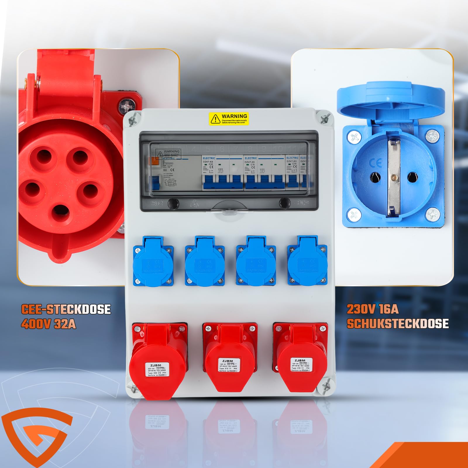 Baustromverteiler 4x230V 2x16A 1x32A mit FI Schalter LS Schalter 400V CEE, 5 polig Wandverteiler mit 4 Schutzkontaktsteckdosen für Innen Außenbereich auf Baustellen IP44