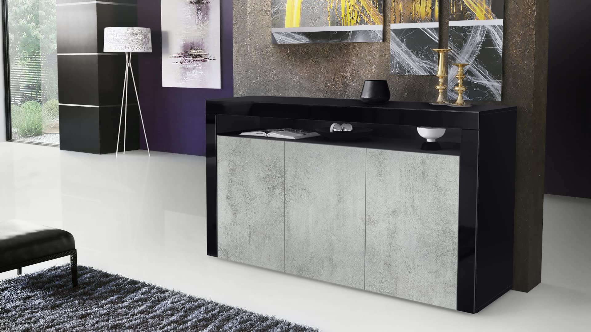 Vladon Buffet Valencia, Commode avec 3 Portes et 1 Compartiment Ouvert, Noir Mat/Aspect béton oxyde/Noir Haute Brillance (155 x 92 x 40 cm)