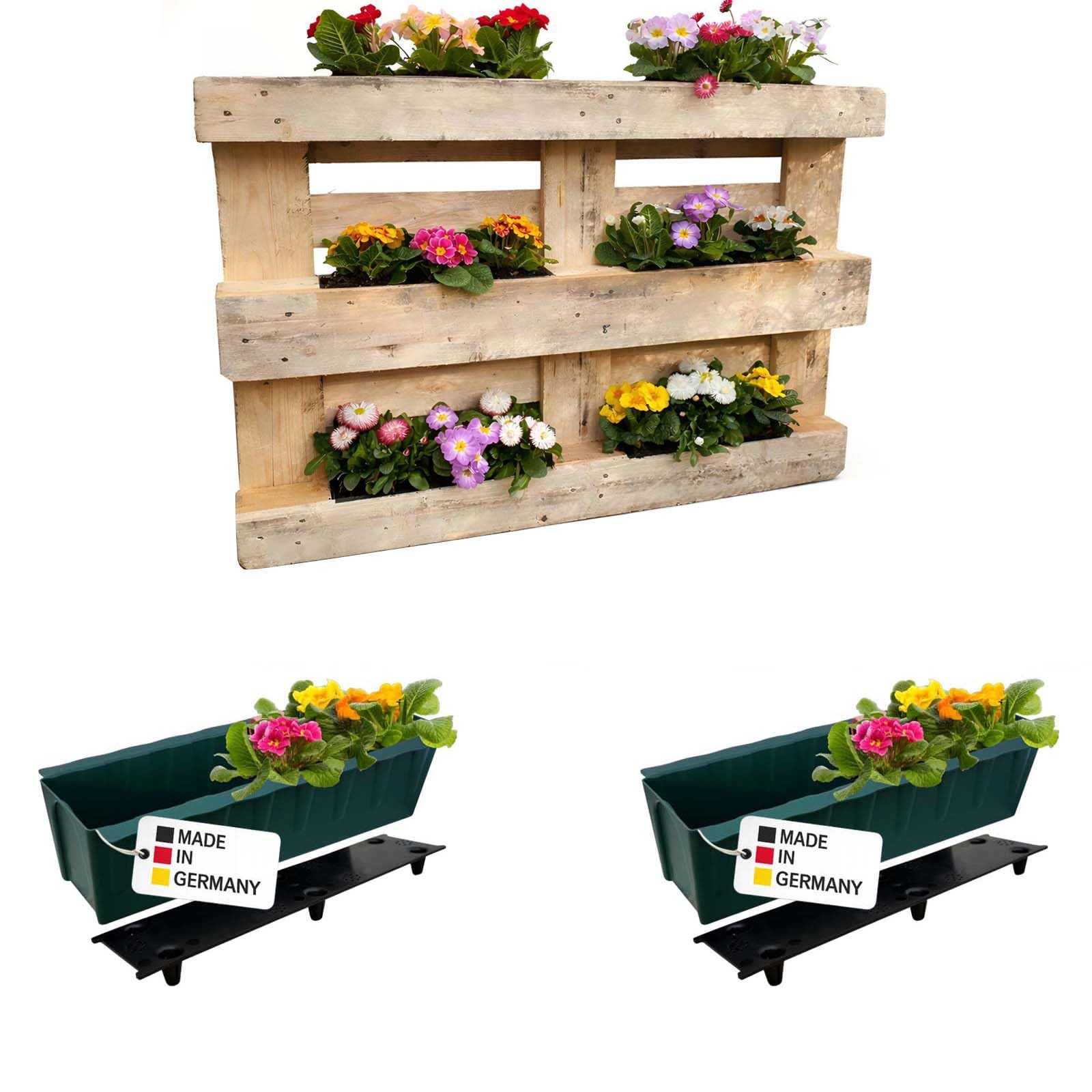 BURI 2 Euro-Paletten Blumenkästen-Einsätze inkl. Bewässerungsmatte | 37,3cm Grün | Pflanzkasten für Europalette Palette | Balkonkasten | Blumentopf | aus stabilen Kunststoff | Made in Germany