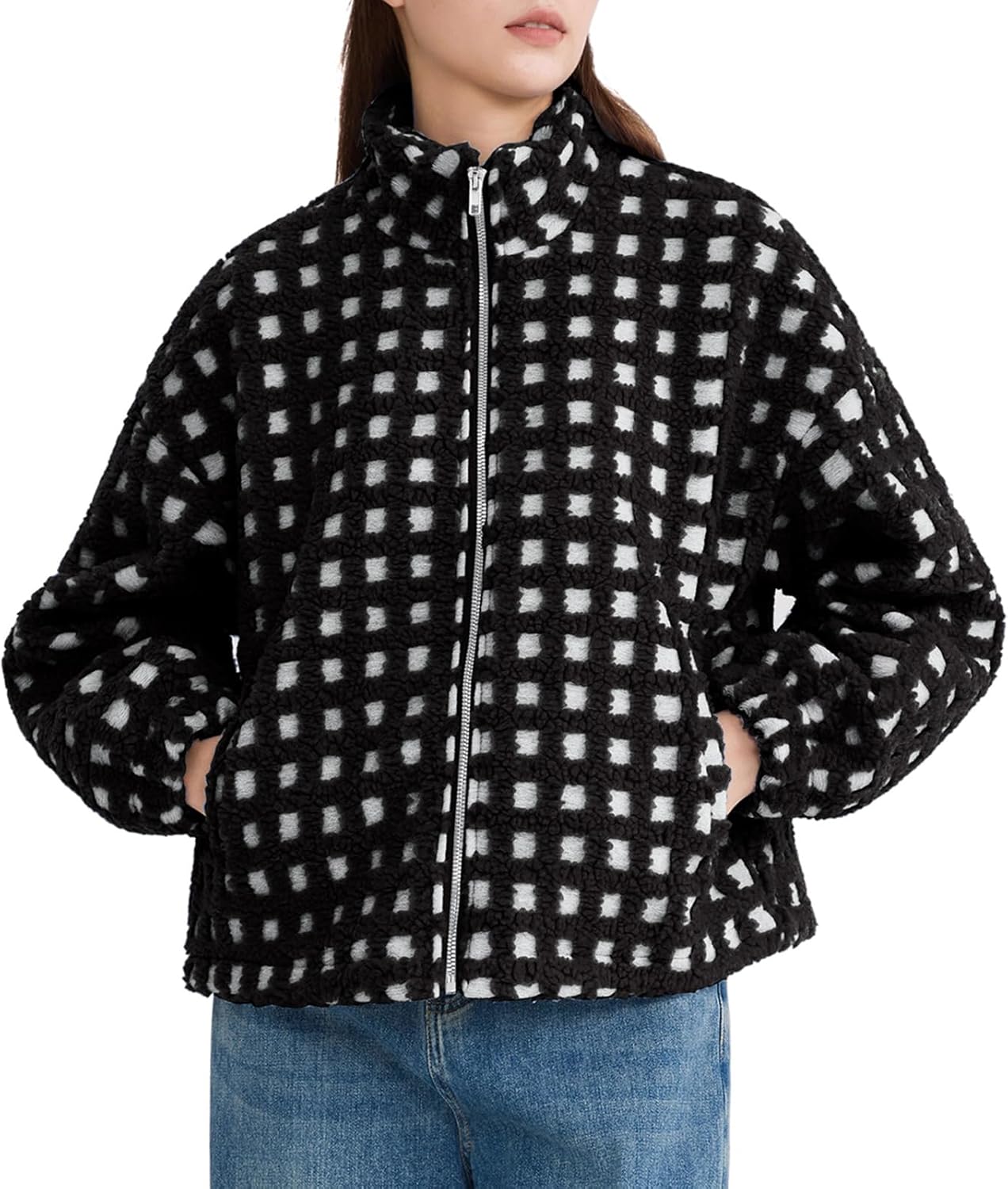 Oymyakon Women Checkered Sherpa Jacket Cropped Long Sleeve Fuzzy Plaid Fleece Coats Casual Zip Up Gingham Outwear - Image 4