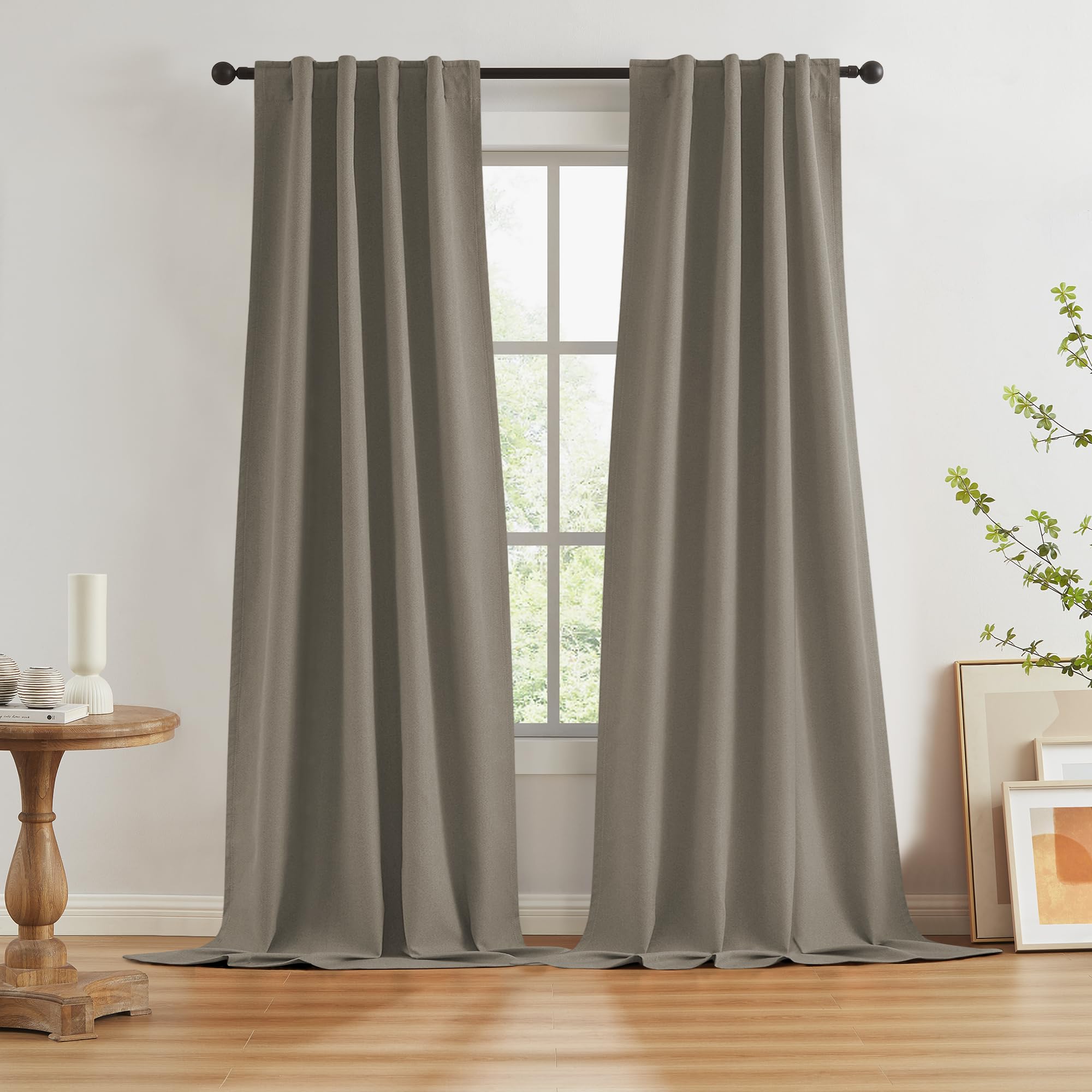 KEQIAOSUOCAI Blackout Curtains, 2 Panels with Loops on the Back, Hooks, Belts, Window Curtains for Dining Room, 34"W x 120"L, taupe