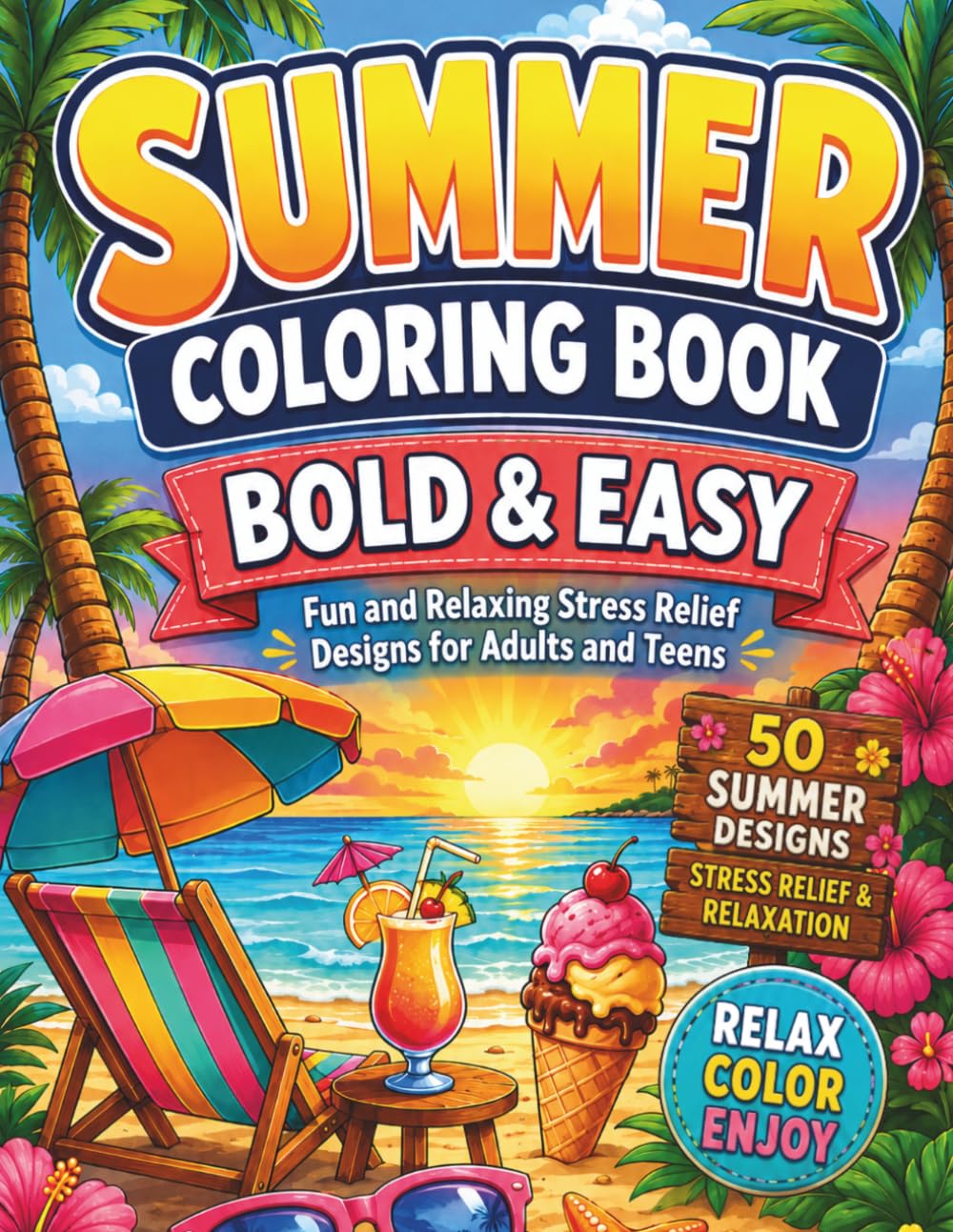 Summer Coloring Book Bold and Easy: Fun and Relaxing Stress Relief Designs for Adults and Teens