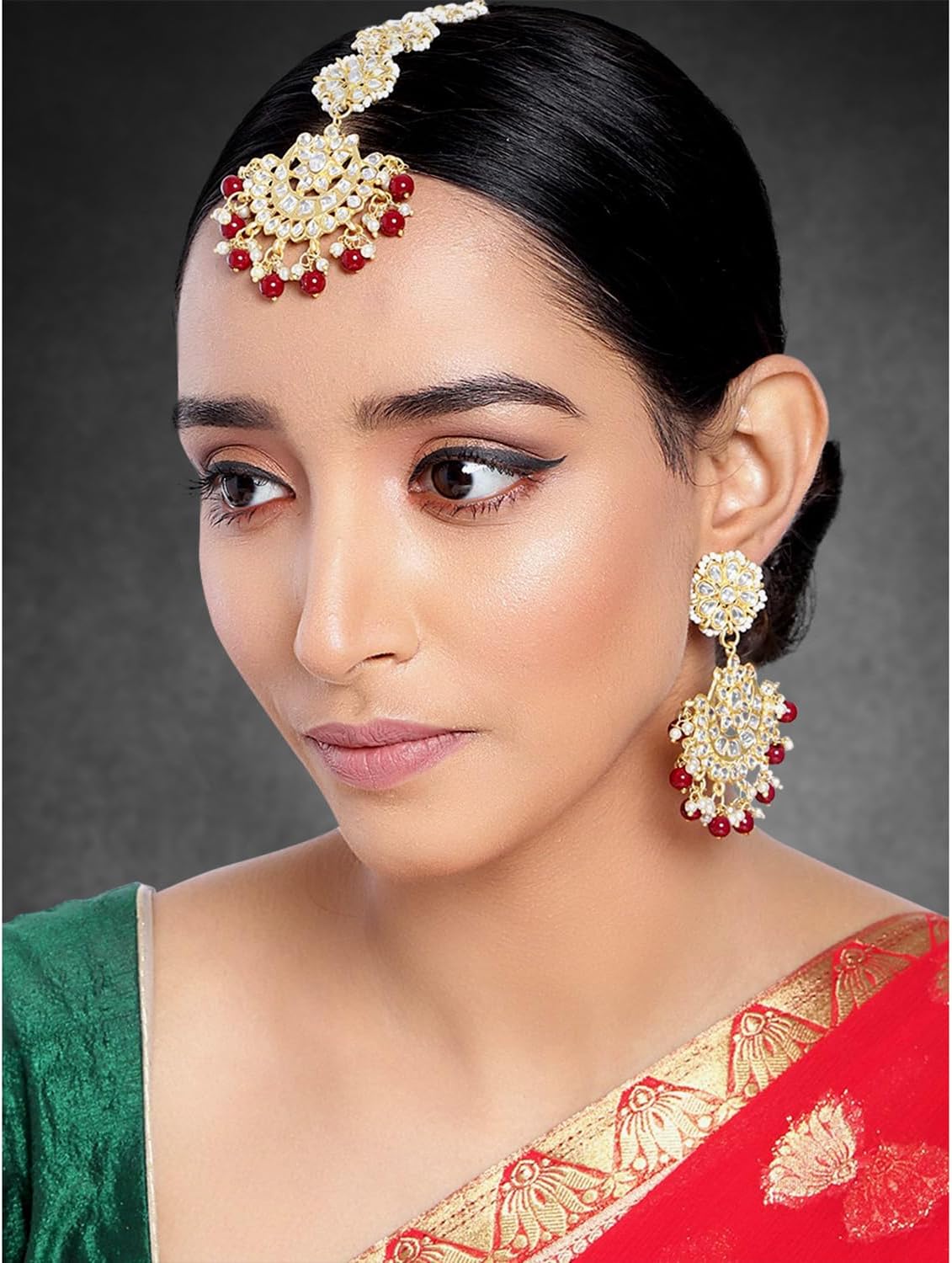 Aheli Ethnic Faux Kundan Drop Pearl Beads Dangle Earrings Maang Tikka Set Bollyood Wedding Bharatanatyam jewellery set Gift for Women