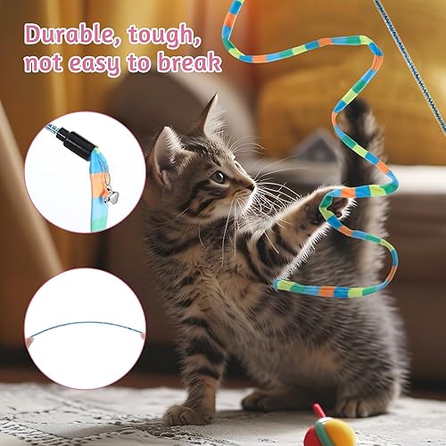 Miniatura 3 de 2 juguetes interactivos para gatos con vara arco iris, varita teaser para gatos y cuerdas, cinta colorida, poste fuerte y resistente con campanas